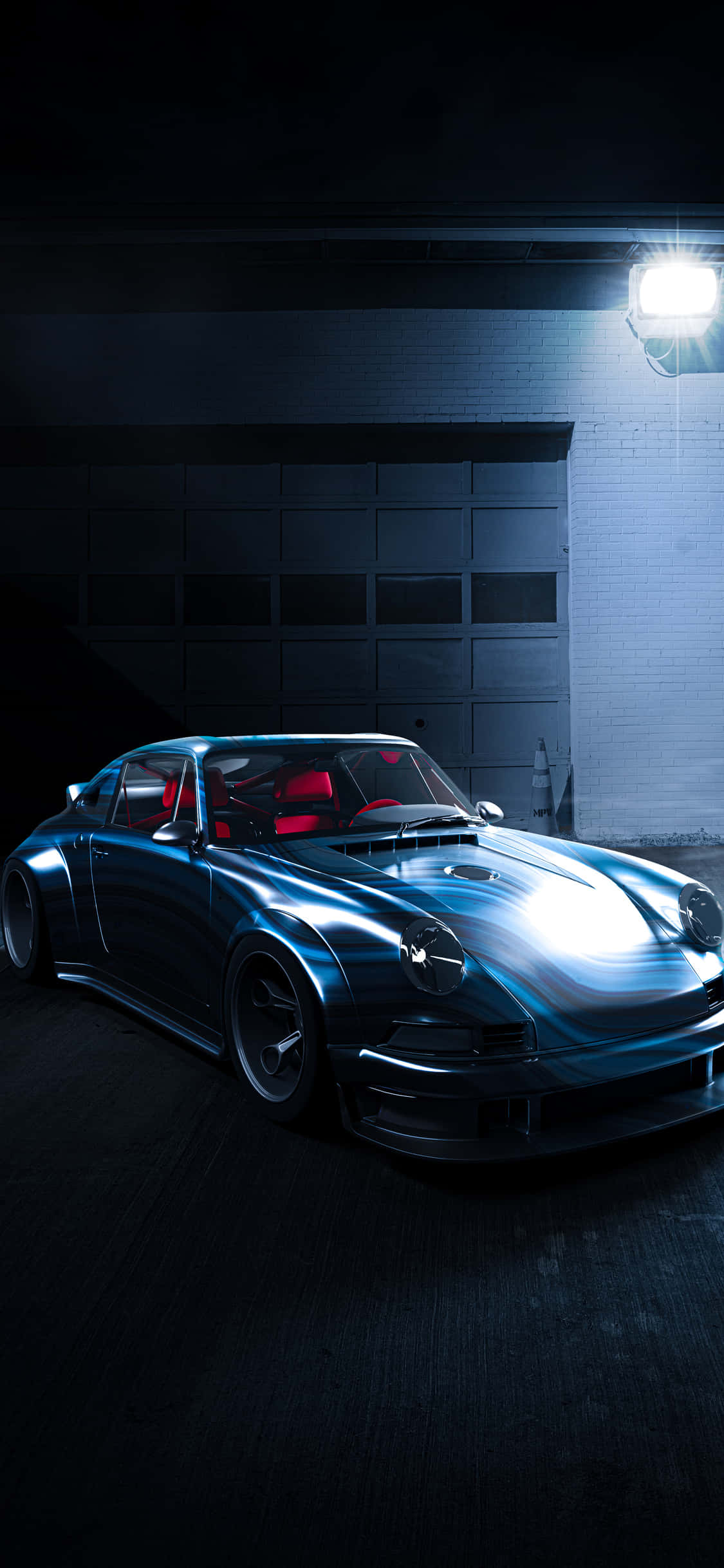 Porsche iPhone 桌布 壁紙 — 一輛時尚的藍色跑車在昏暗的車庫中，白色磚牆下，單一吊燈下閃閃發光。