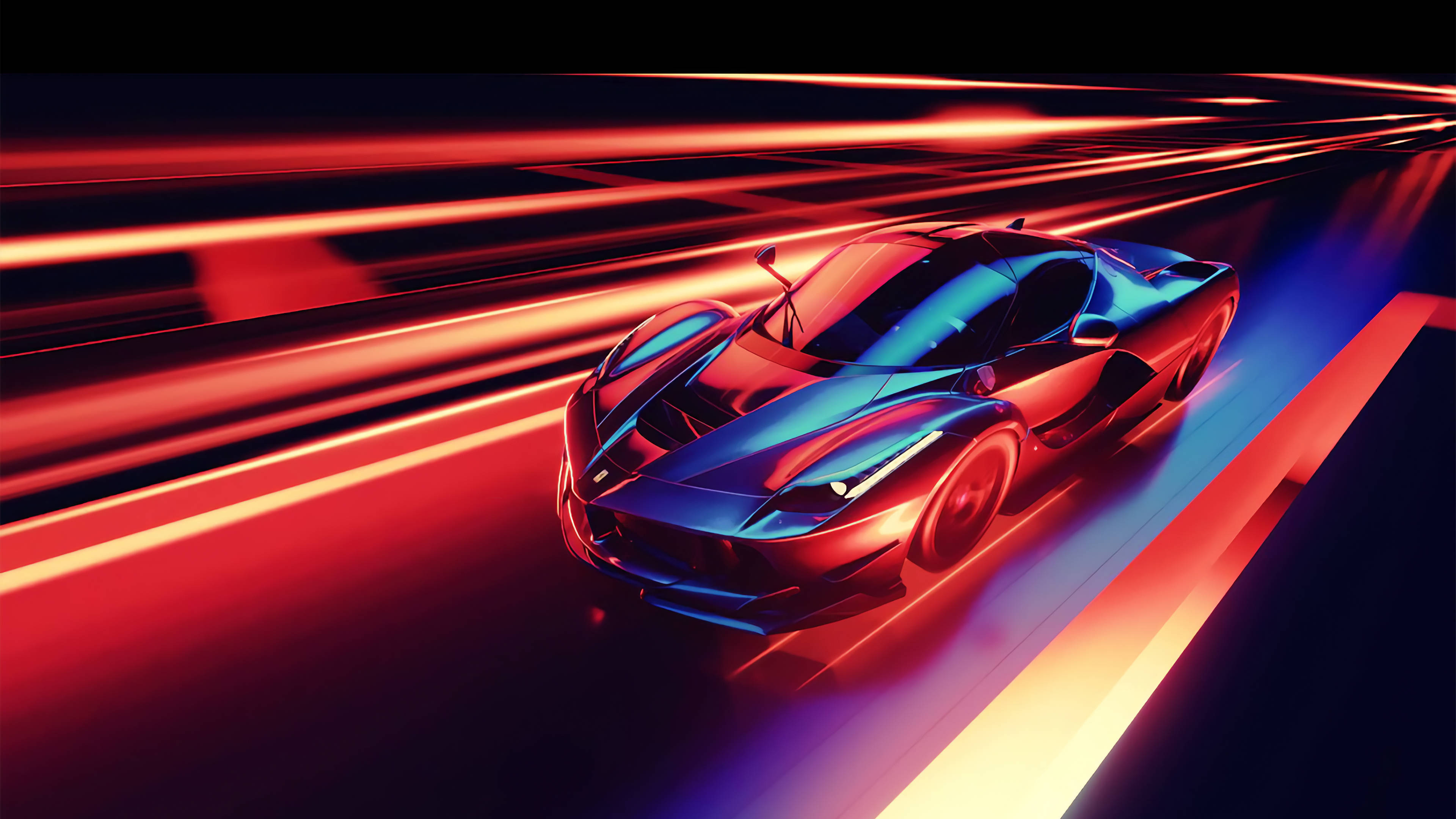 Sports Car 桌布 壁紙 — 一輛時尚的藍色跑車在霓虹燈隧道中疾馳，留下紅色光跡。