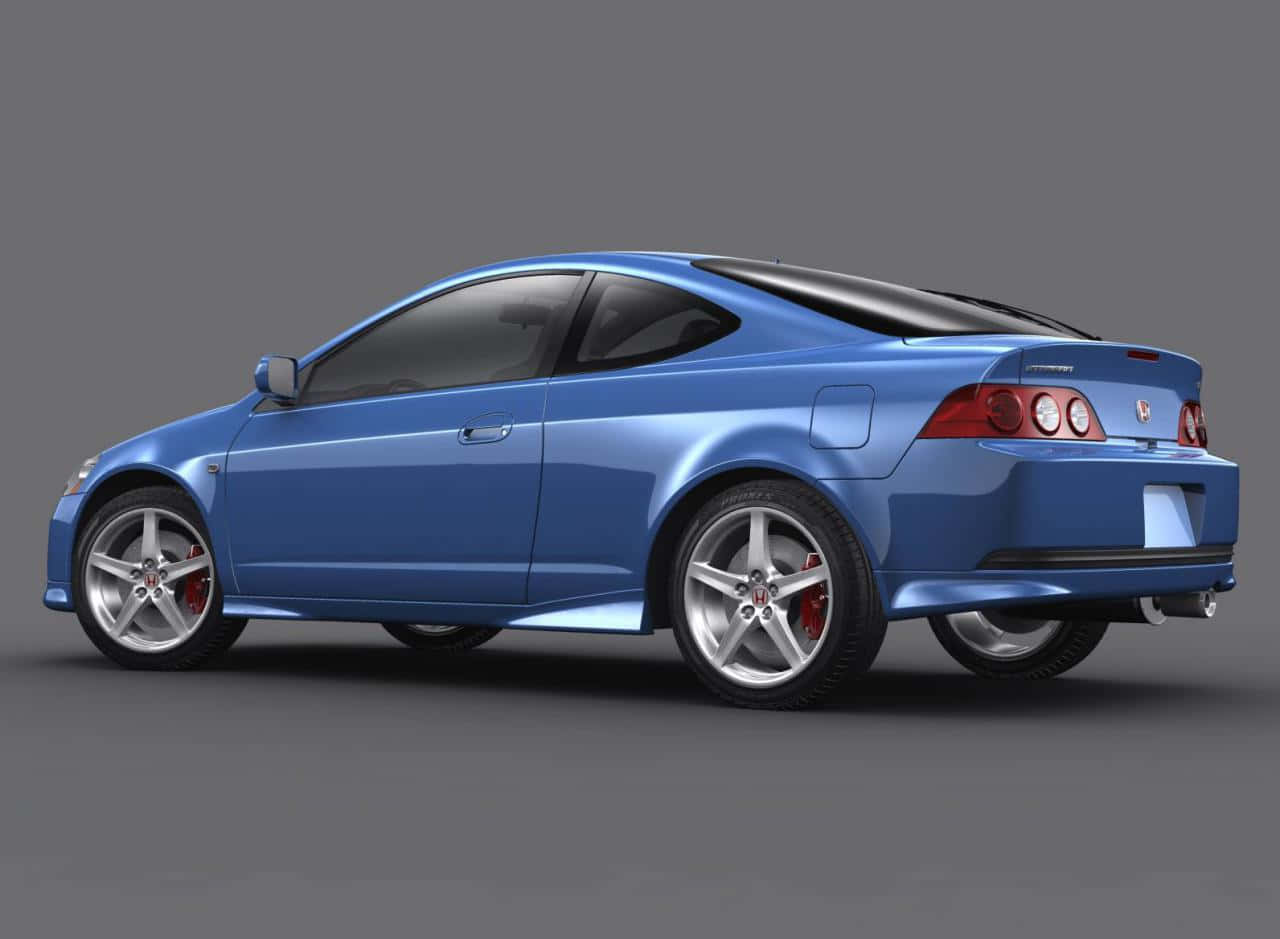 Honda Integra 桌布 壁紙 — 一輛時尚的藍色運動轎跑車，配備銀色輪圈和紅色制動卡鉗，在灰色背景的影樓燈光下展示。