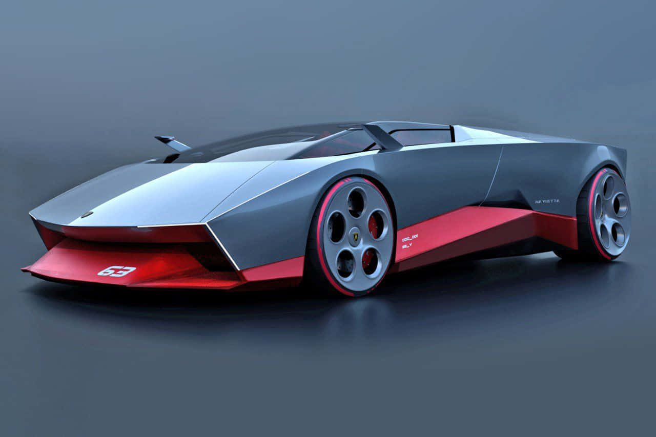 Minimalist Car 桌布 壁紙 — 一輛時尚的銀紅色概念跑車，採用棱角設計和裸露車輪，停在深色工作室地板上。