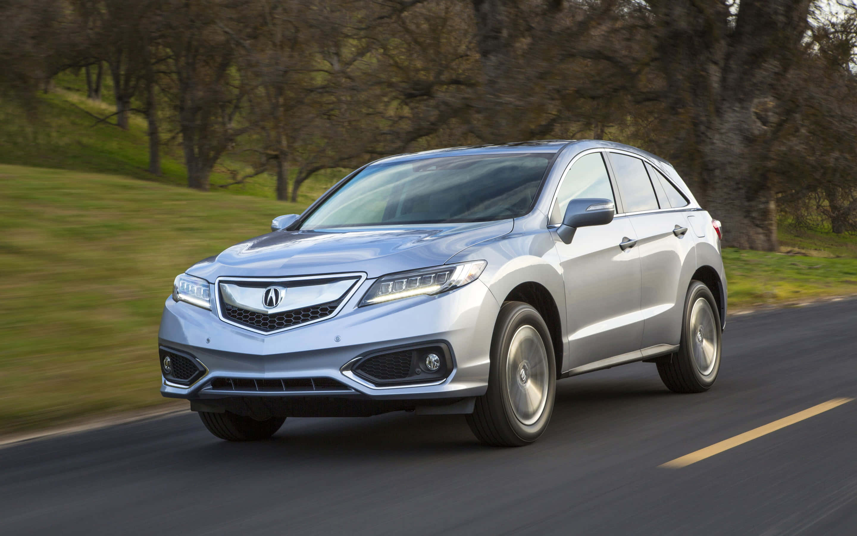 Acura Rdx 桌布 壁紙 — 一輛時尚的銀色Acura SUV沿著蜿蜒的道路穿過草叢茂密的樹林區域，帶有模糊的動態效果。