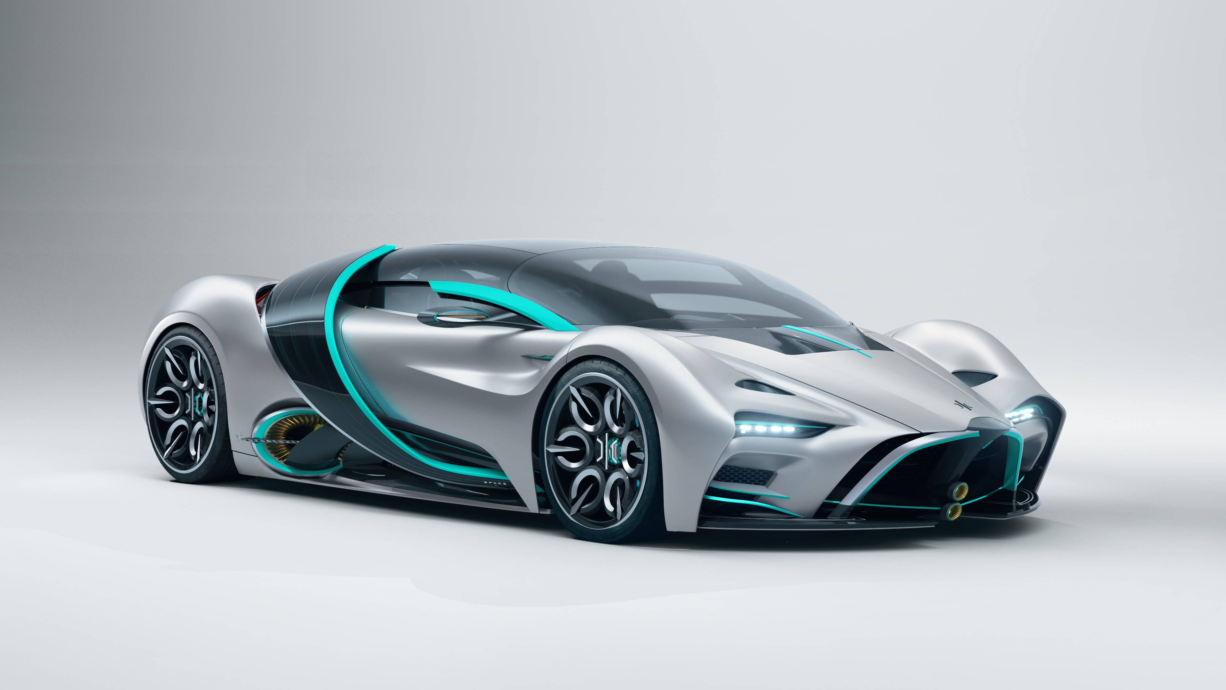Sports Car 桌布 壁紙 — 一輛時尚的銀色未來主義跑車，帶有發光的青綠色點綴和空氣動力學曲線，背景為簡約的白色工作室。