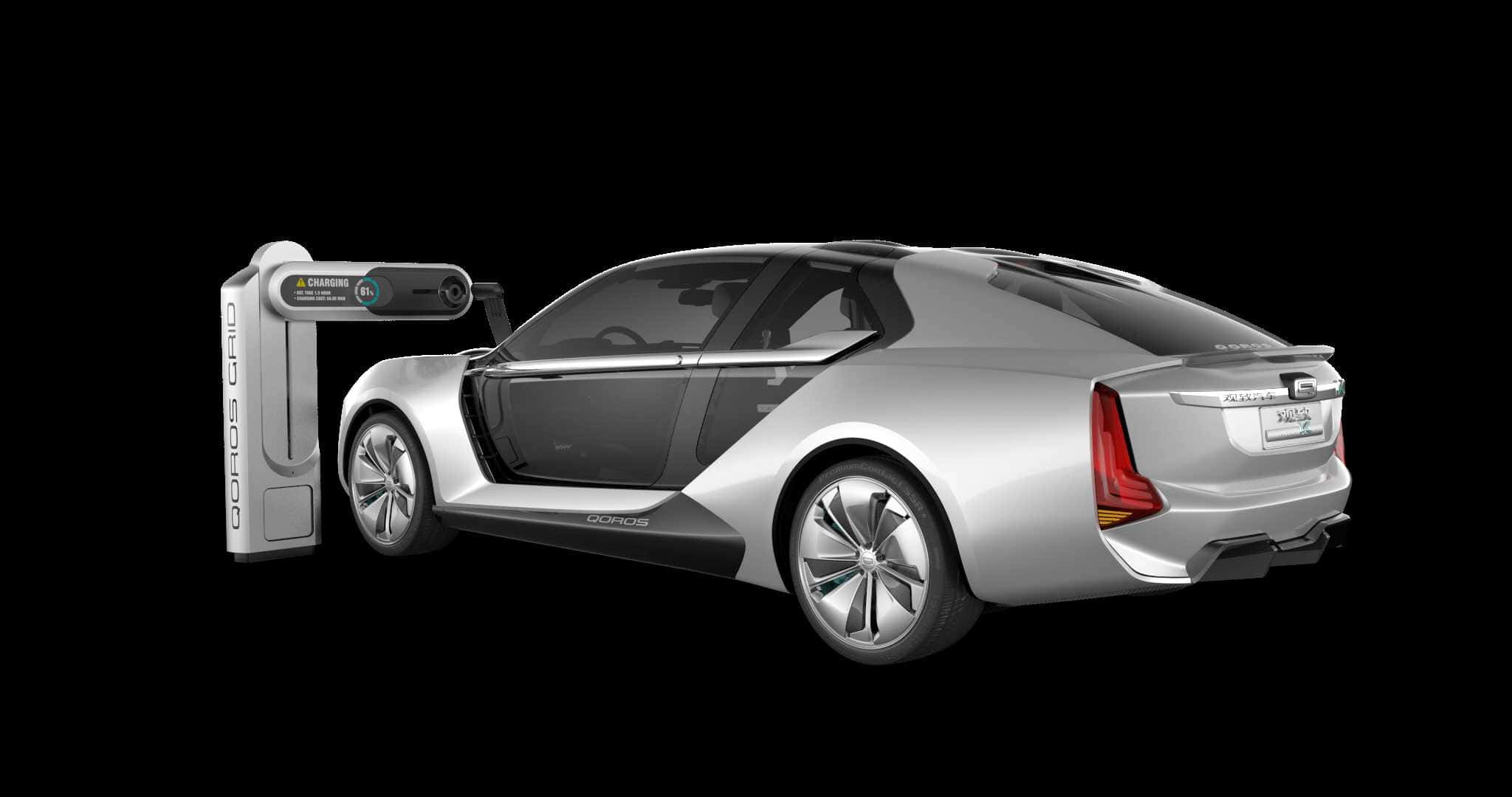 Qoros 桌布 壁紙 — 一輛時尚的銀色未來電動車在黑色背景下插入充電站。