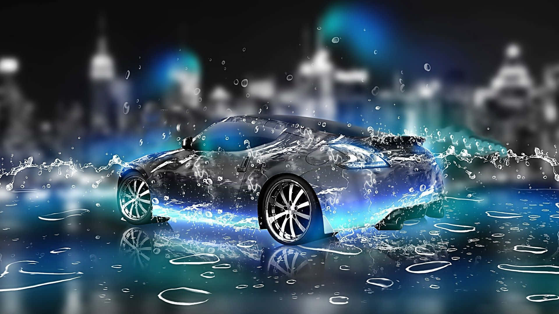 3d Sports 桌布 壁紙 — 一輛時尚的銀色跑車在發光的藍色水中飛馳，背景是模糊的城市燈光。