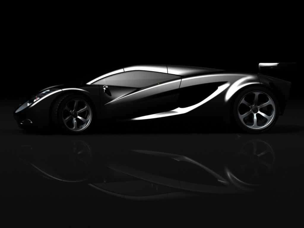 Black And White Car 桌布 壁紙 — 一輛時尚的銀色跑車在黑色背景和反光地板上的攝影棚燈光下閃耀。