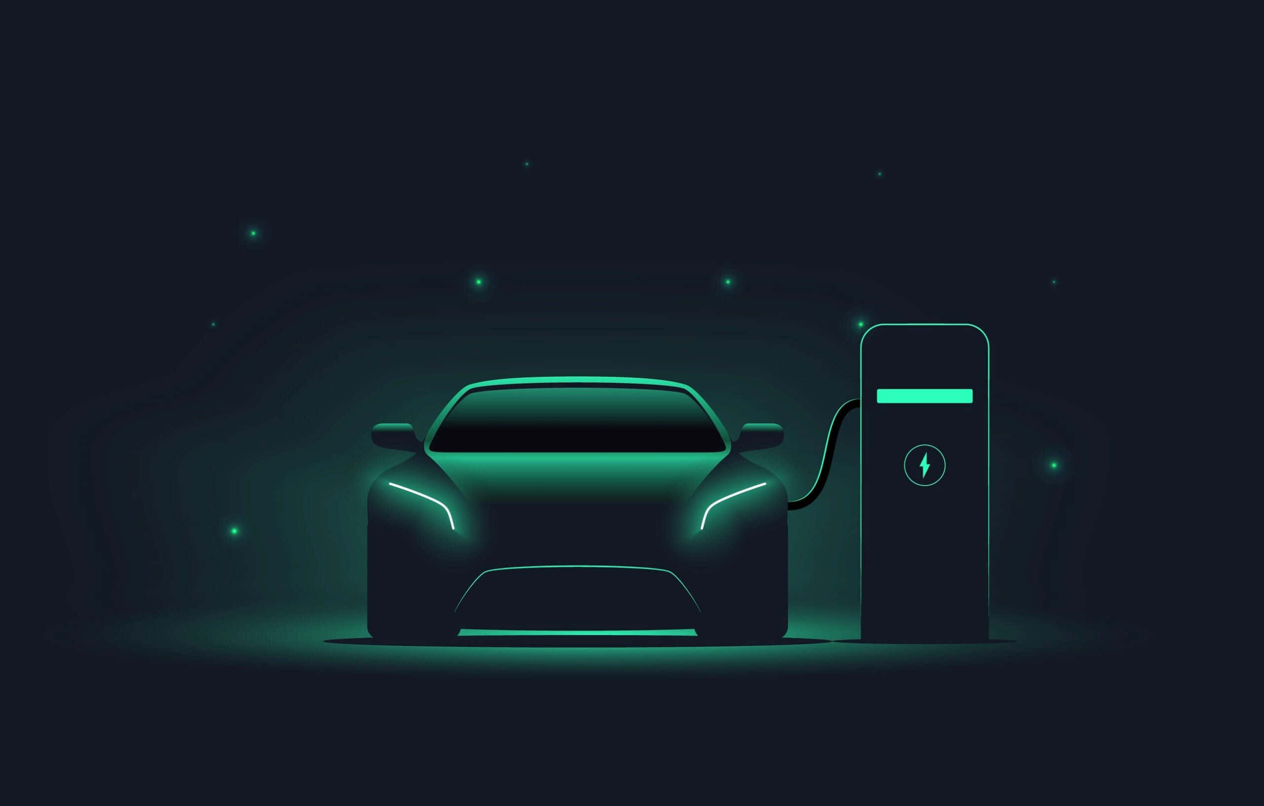 Electric Vehicle 桌布 壁紙 — 一輛時尚的電動車在黑暗夜空下的充電站發出霓虹綠光。