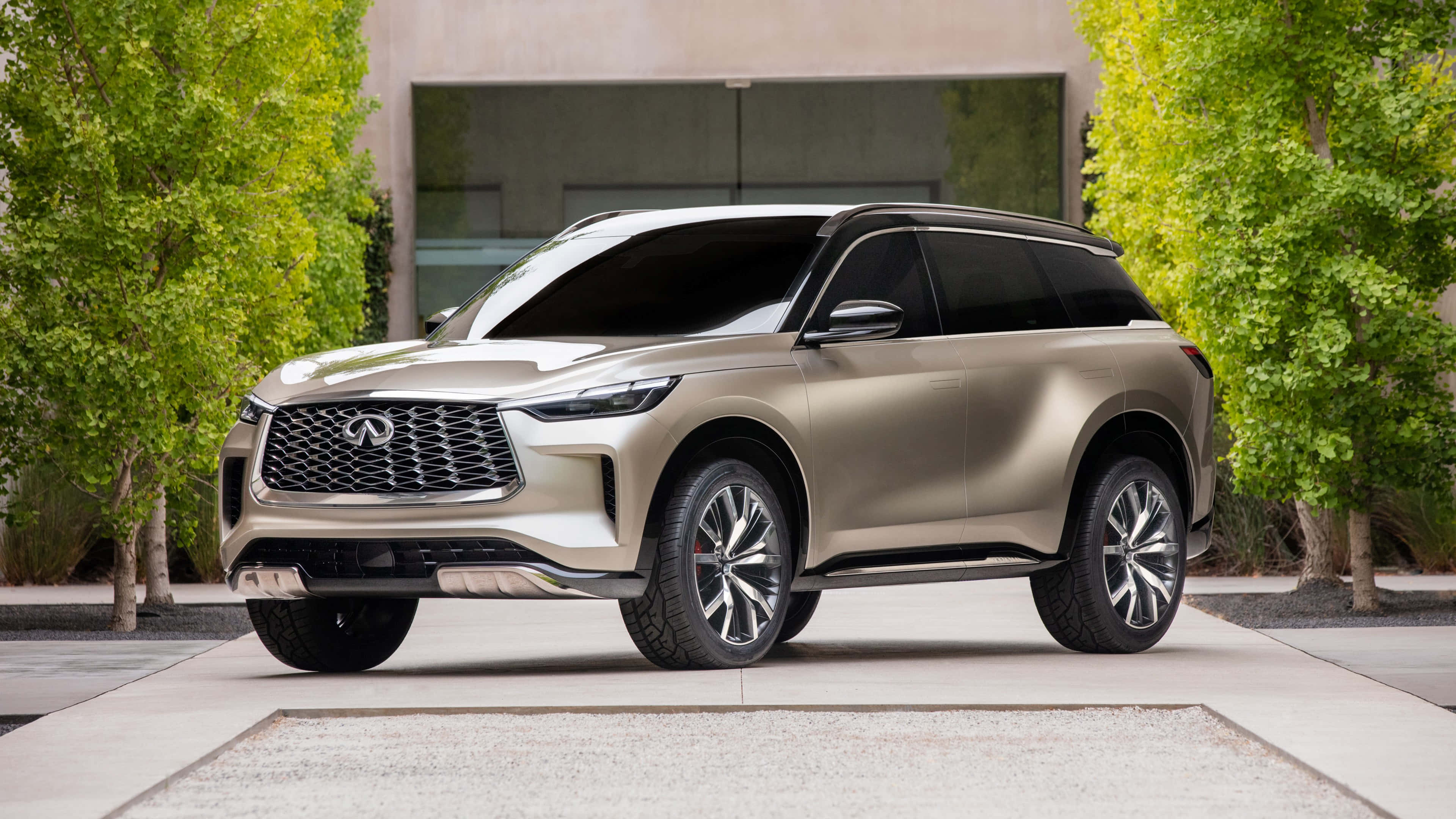 Infiniti Qx60 桌布 壁紙 — 一輛時尚的香檳金色Infiniti SUV停泊在現代化車道上，兩旁綠樹成蔭，在明亮的日光下。