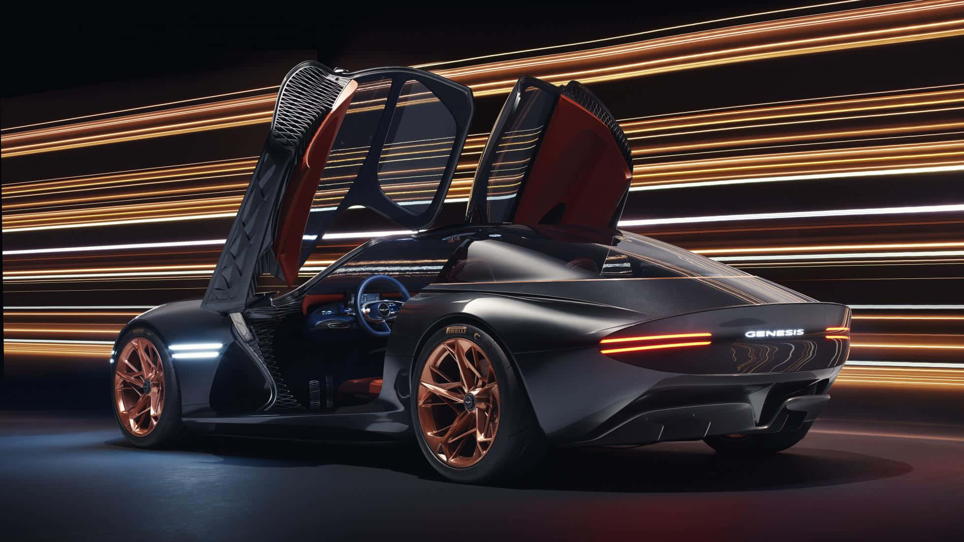 Genesis Essentia 桌布 壁紙 — 一輛時尚的黑色 Genesis 跑車，鷗翼門打開，背景是發光的橙色條紋。