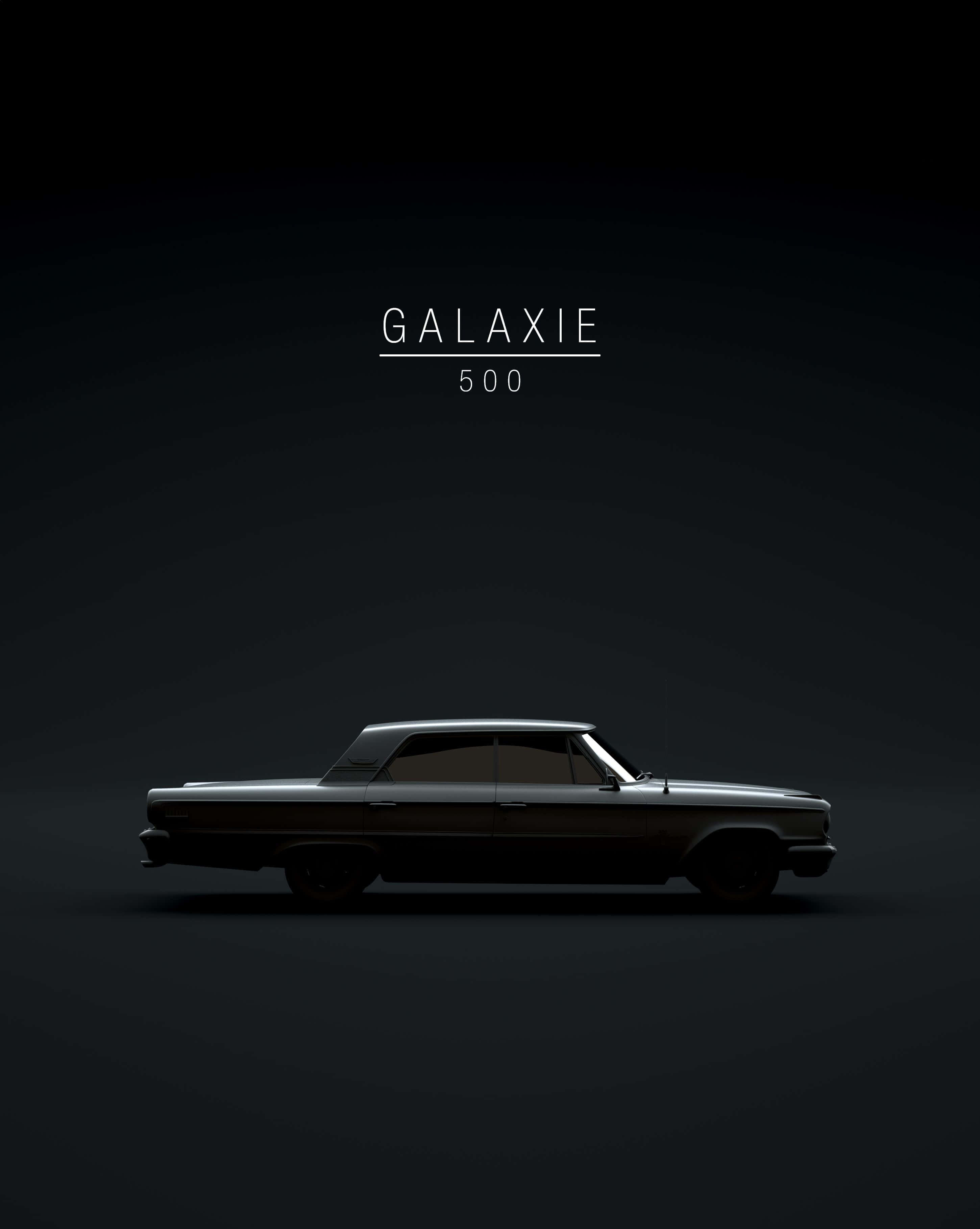 Minimalist Car 桌布 壁紙 — 一輛時尚的黑色1960年代福特Galaxie 500剪影在漸變暗色背景上微微發光，搭配極簡字體。