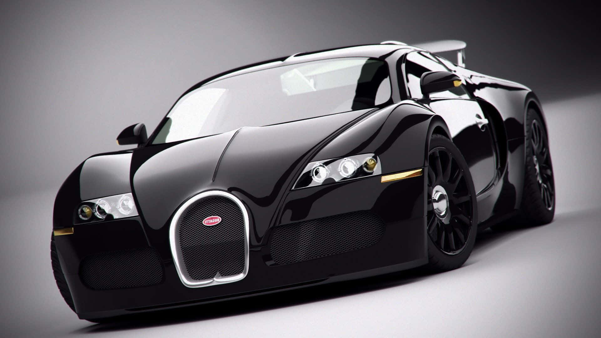 啞光黑色 桌布 壁紙 — 一輛時尚的黑色Bugatti Veyron跑車在工作室燈光下閃耀，帶有金色裝飾和戲劇性的低角度拍攝。