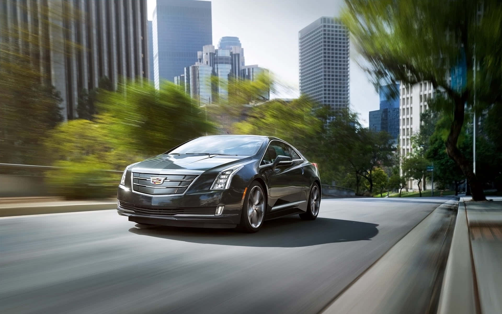 Cadillac Elr 桌布 壁紙 — 一輛時尚的黑色Cadillac ELR在陽光明媚的城市街道上疾馳，背景是動態模糊的綠色樹木和高聳的摩天大樓。