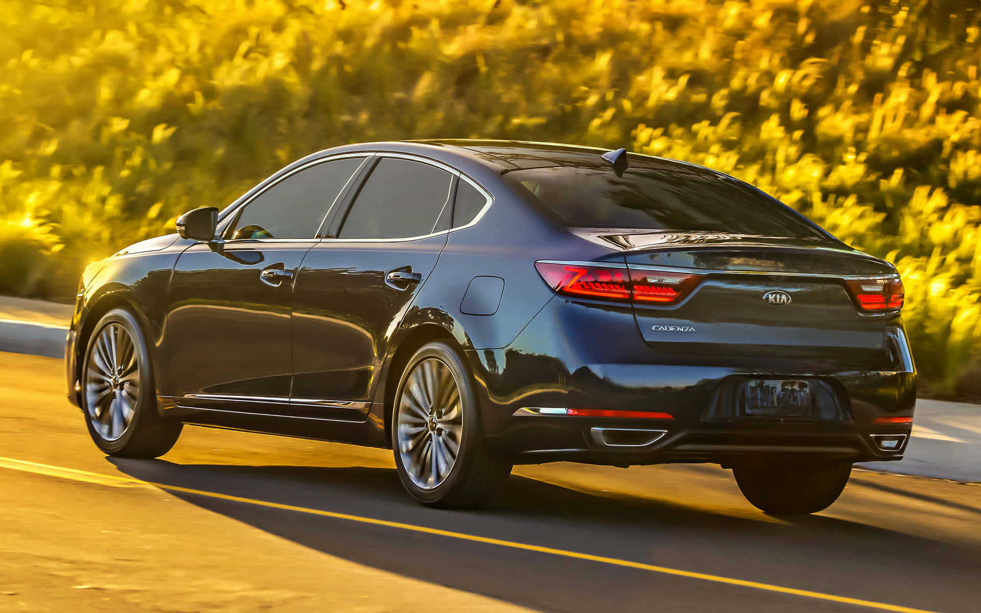 Kia Cadenza 桌布 壁紙 — 一輛時尚的黑色Kia Cadenza轎車在陽光明媚的道路上行駛，背景中金色的樹葉模糊不清。