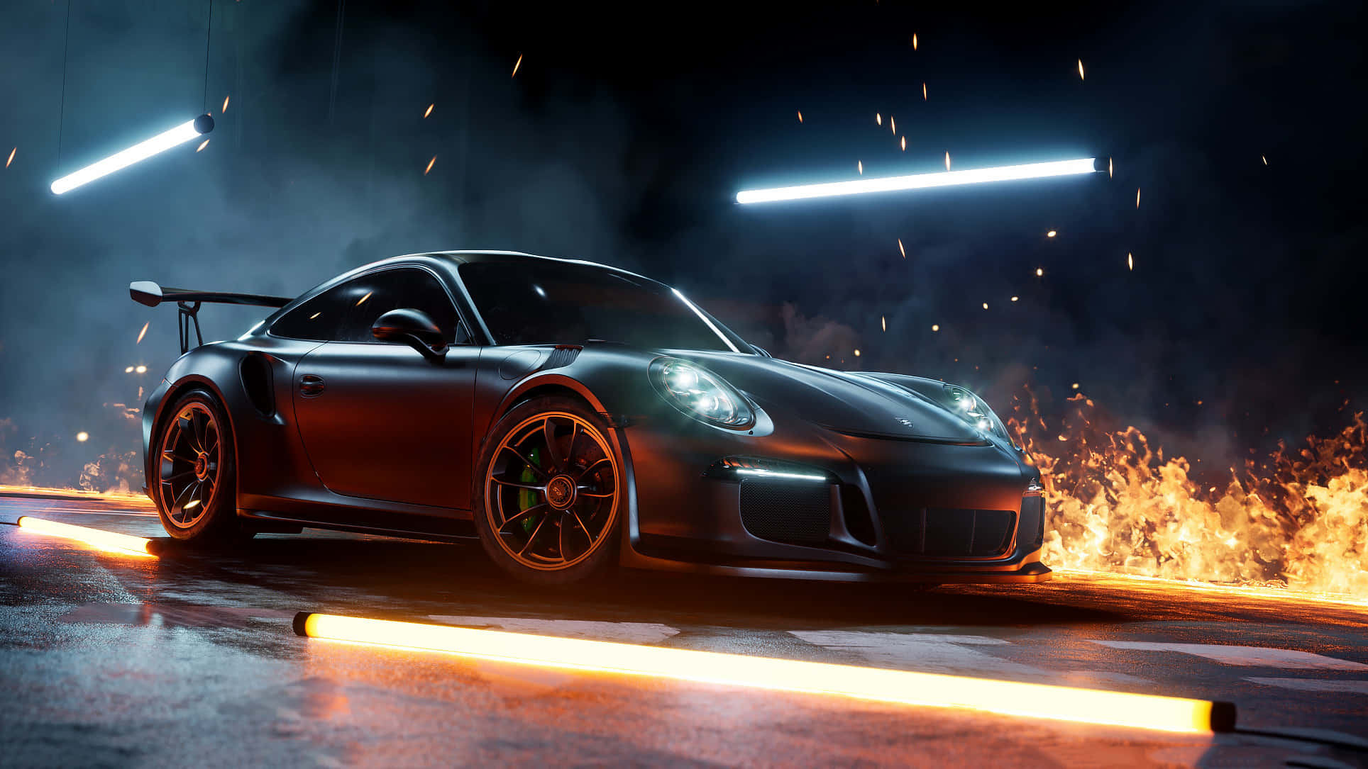 保時捷 桌布 壁紙 — 一輛時尚的黑色保時捷911 GT2 RS在煙霧彌漫的車庫中，於霓虹燈下穿過火焰飄移。