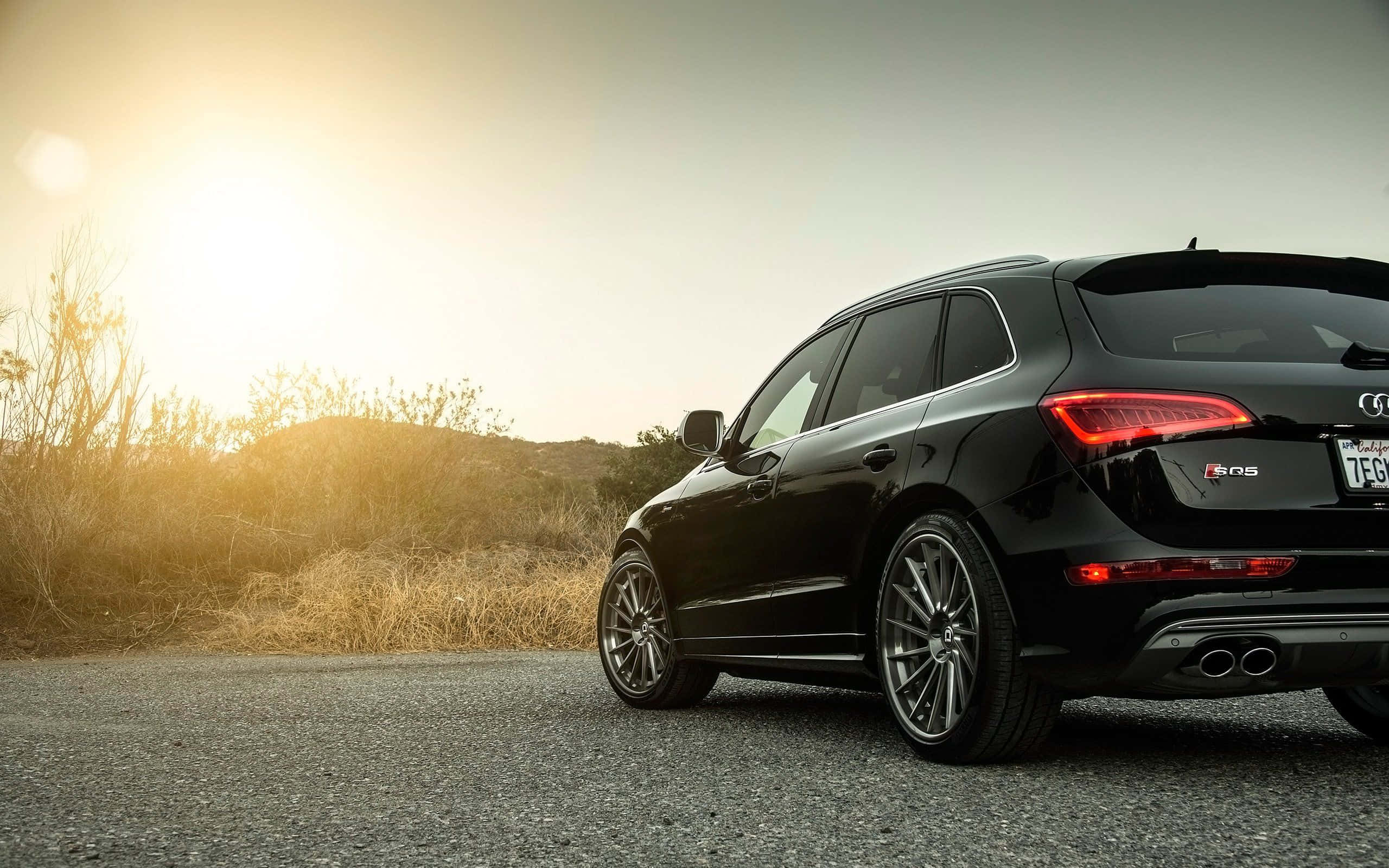 Audi Sq5 桌布 壁紙 — 一輛時尚的黑色奧迪RS5 SUV停在碎石路上，正值黃金時刻，背景有太陽眩光和乾燥灌木。