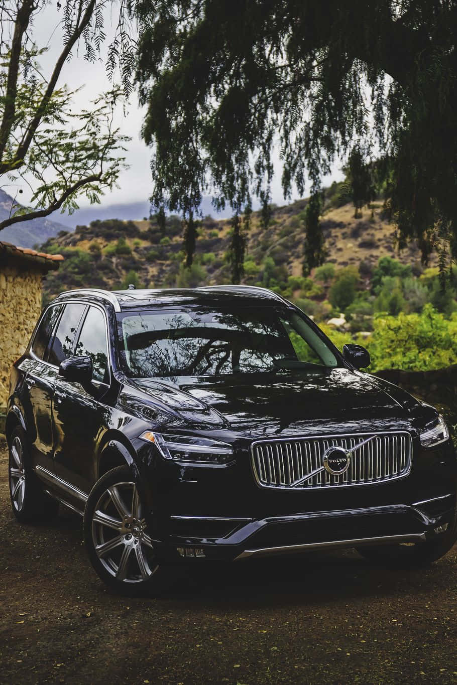 Family Car 桌布 壁紙 — 一輛時尚的黑色富豪SUV停泊在枝葉茂密的樹下，背景是連綿起伏的山丘。