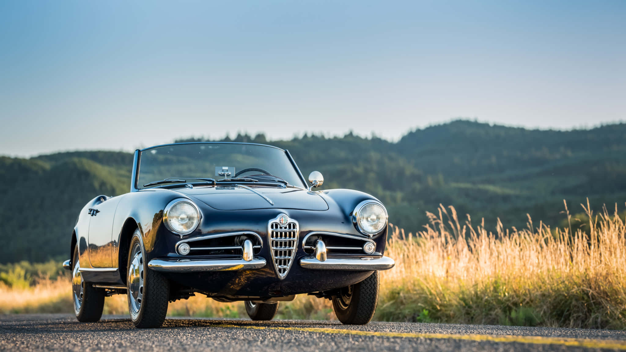 Alfa Romeo Spider 桌布 壁紙 — 一輛時尚的黑色復古 Alfa Romeo Spider 開篷車停泊在陽光明媚的鄉村道路上，背景是連綿起伏的綠色山丘。