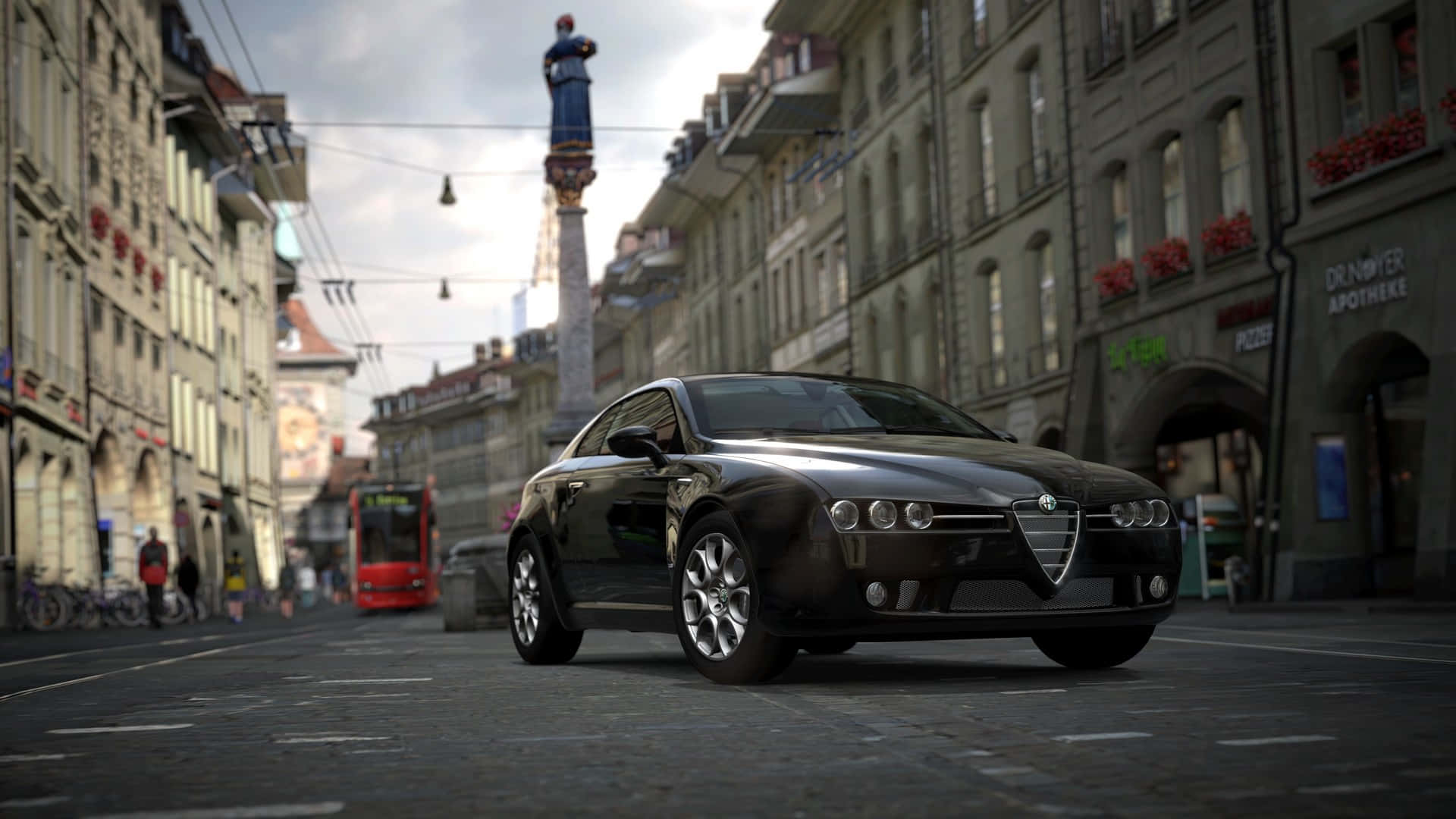 Alfa Romeo Brera 桌布 壁紙 — 一輛時尚的黑色愛快羅密歐跑車停在歐洲城市街道上，背景是歷史建築和雕像。