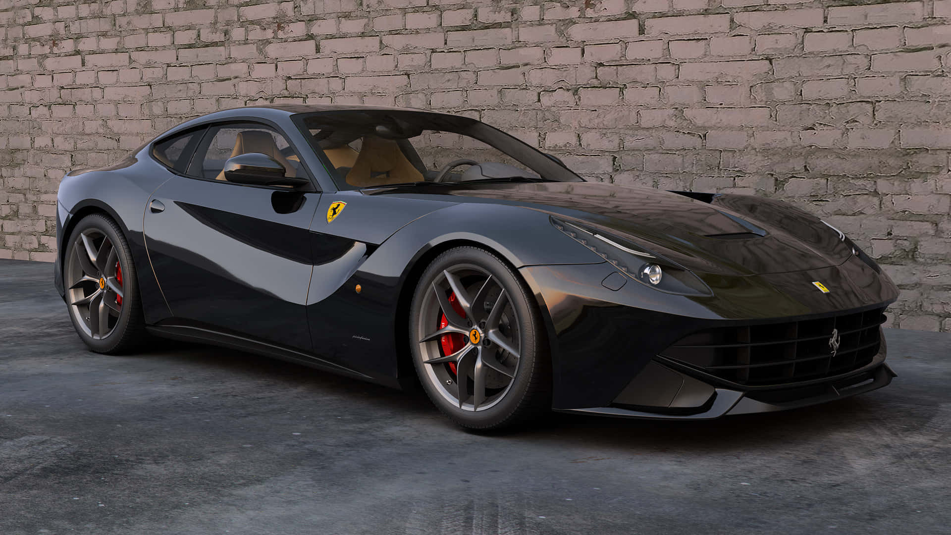 Ferrari F12 Berlinetta 桌布 壁紙 — 一輛時尚的黑色法拉利跑車，帶有紅色制動卡鉗，停在風化的磚牆旁。