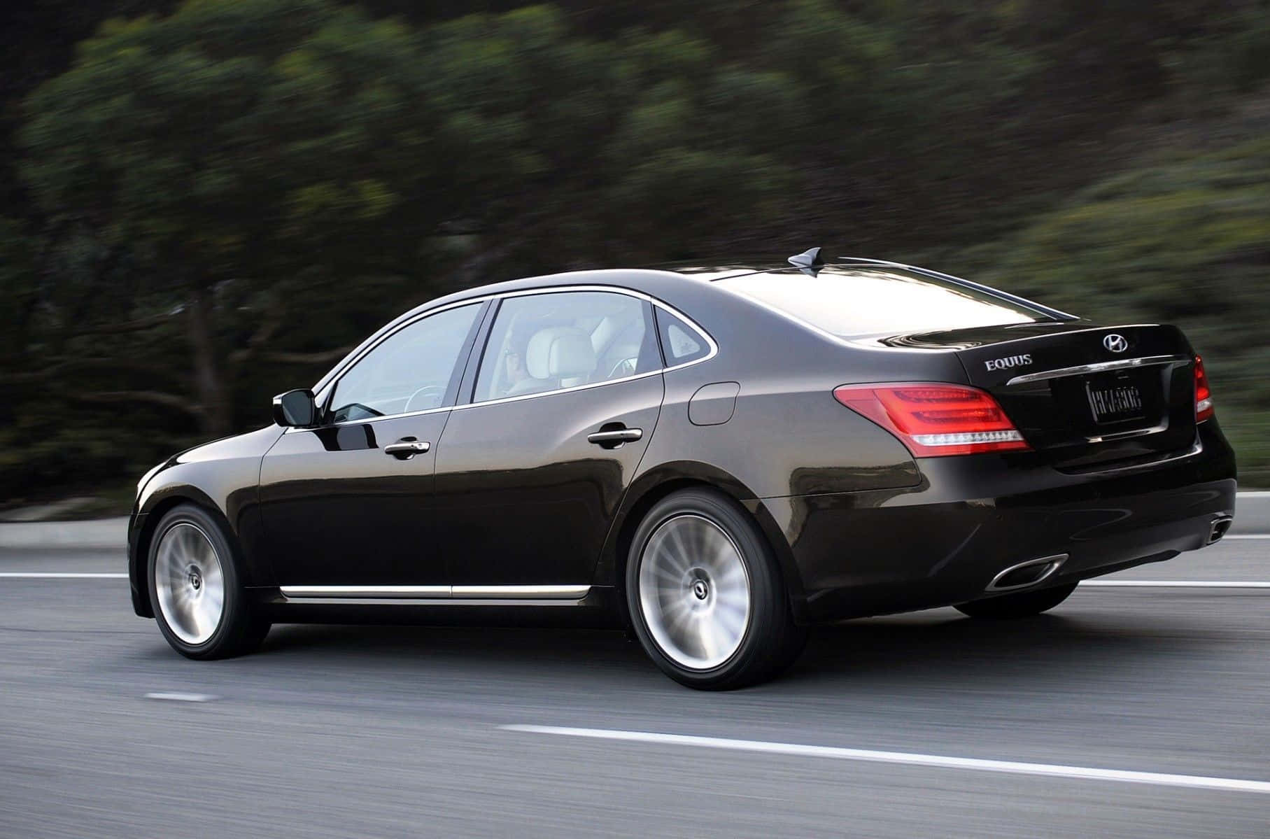 Hyundai Equus 桌布 壁紙 — 一輛時尚的黑色現代Equus轎車平穩地行駛在綠樹成蔭的道路上，動態模糊效果強調了速度。