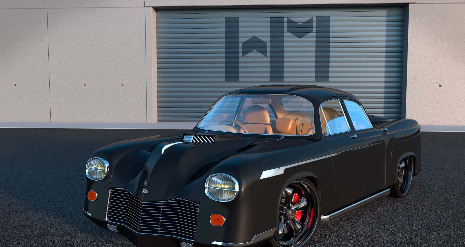 Hindustan Motors 桌布 壁紙 — 一輛時尚的黑色經典汽車，帶有紅色制動卡鉗，停在帶有風格化標誌的車庫前。