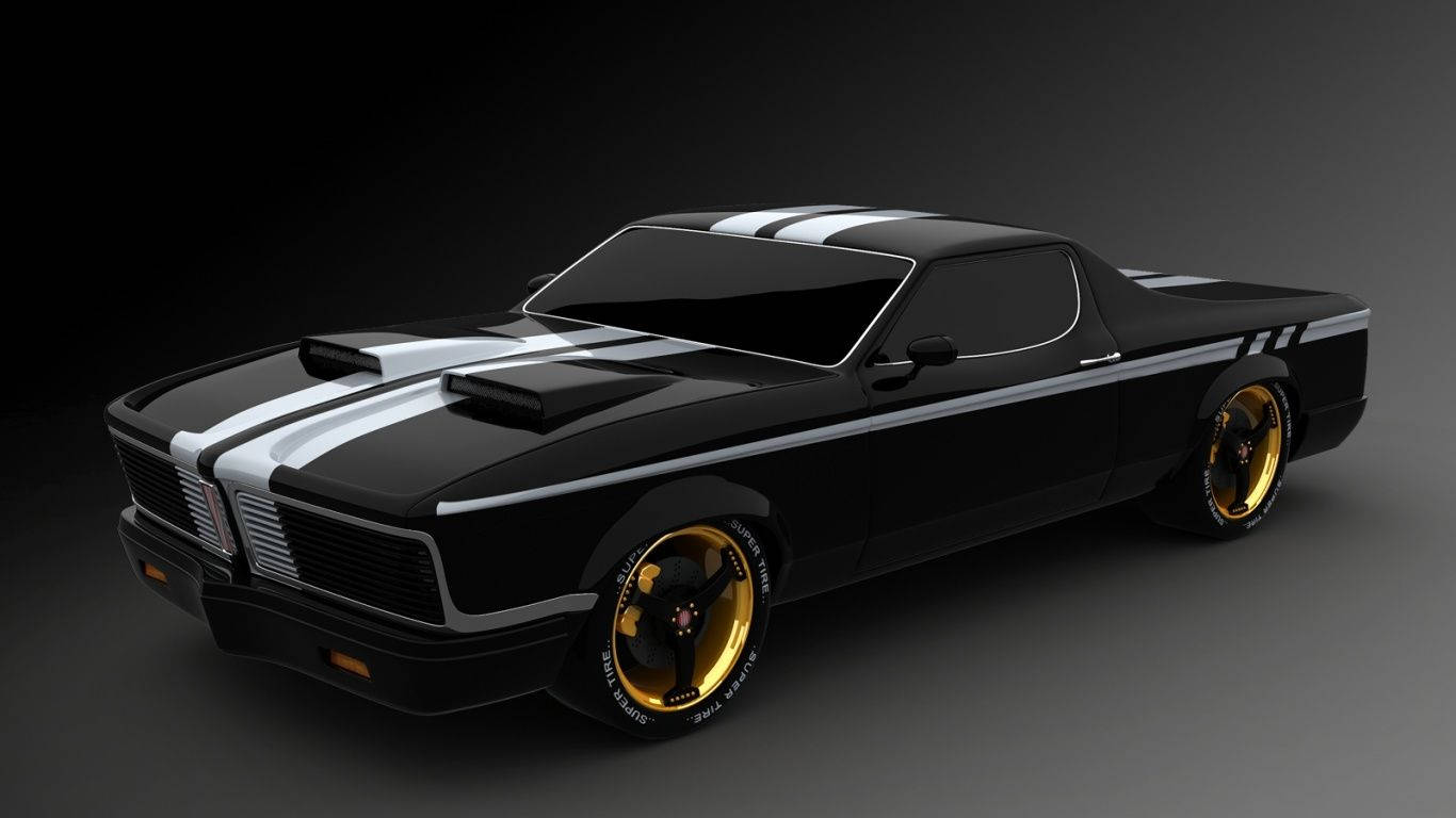 Sports Car 桌布 壁紙 — 一輛時尚的黑色肌肉車，配金色輪圈和白色賽車條紋，在攝影棚燈光下閃耀。