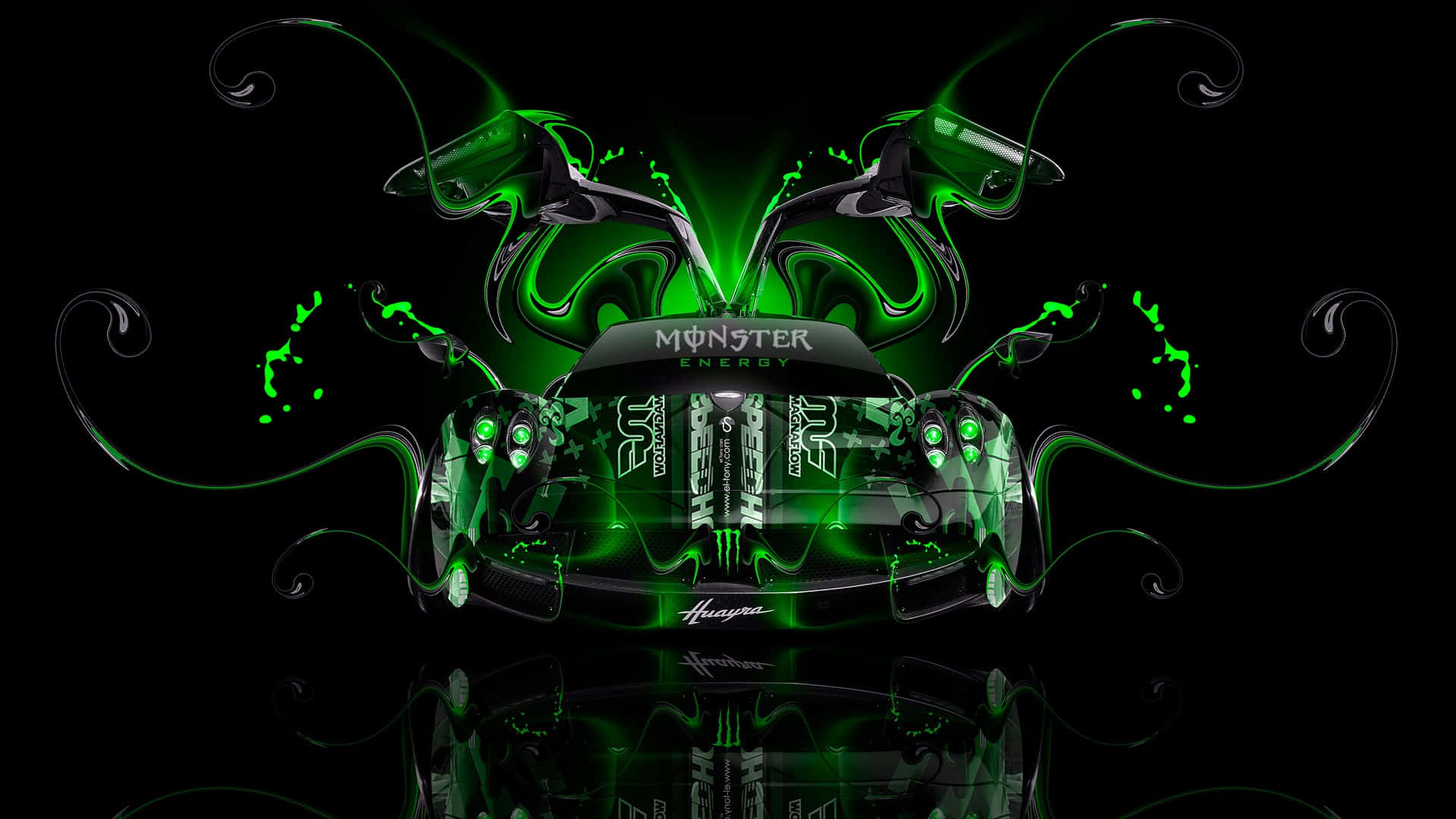 Monster Energy 桌布 壁紙 — 一輛時尚的黑色賽車，帶有發光的綠色Monster Energy品牌標誌和旋轉的霓虹綠色液體效果，背景為黑色。