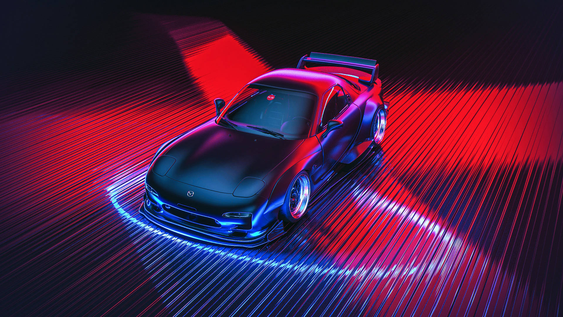 Mazda 桌布 壁紙 — 一輛時尚的黑色跑車在發光的紅藍霓虹賽道上滑行，伴隨著動態的光條。