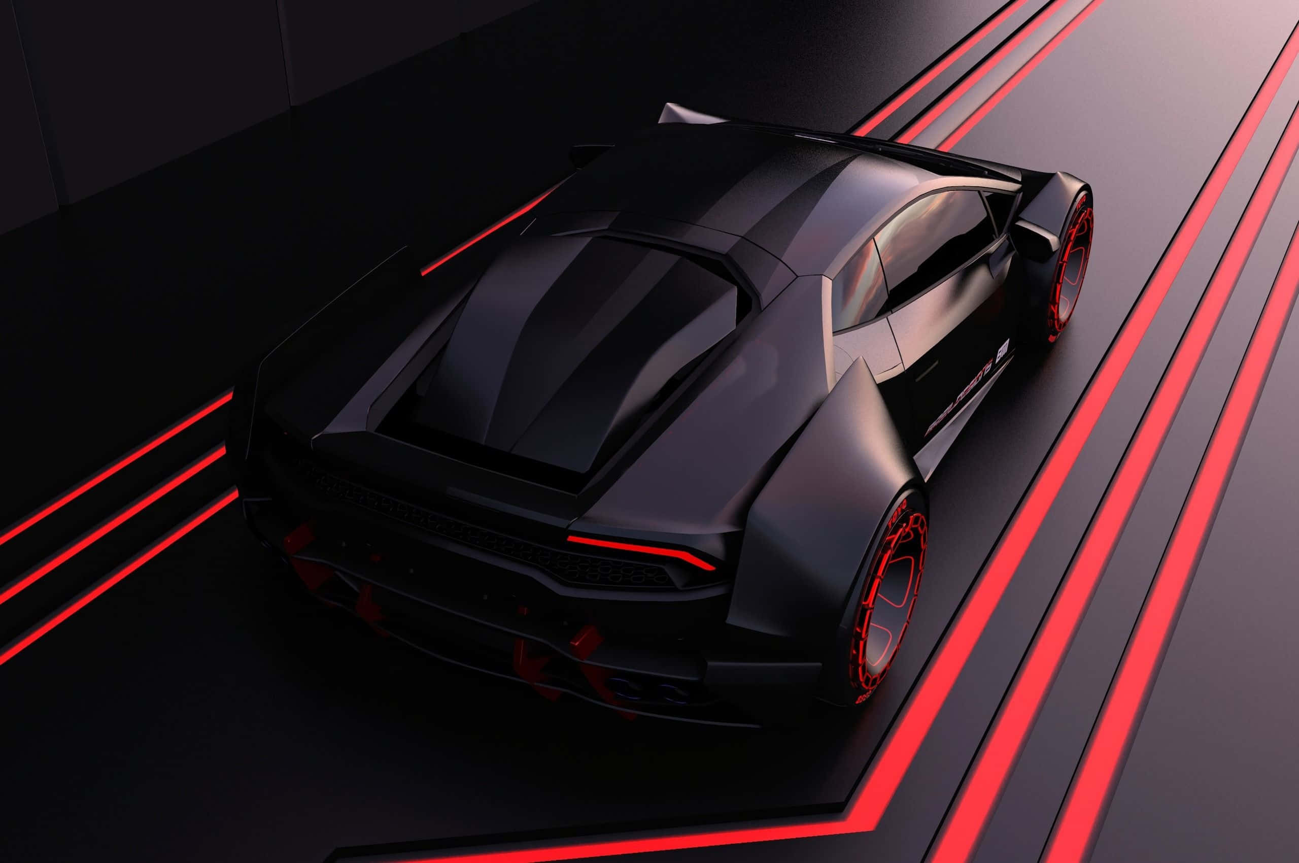 Car Design 桌布 壁紙 — 一輛時尚的黑色跑車帶有發光的紅色點綴，停在一個由鮮豔紅色霓虹線條標記的黑暗地板上。