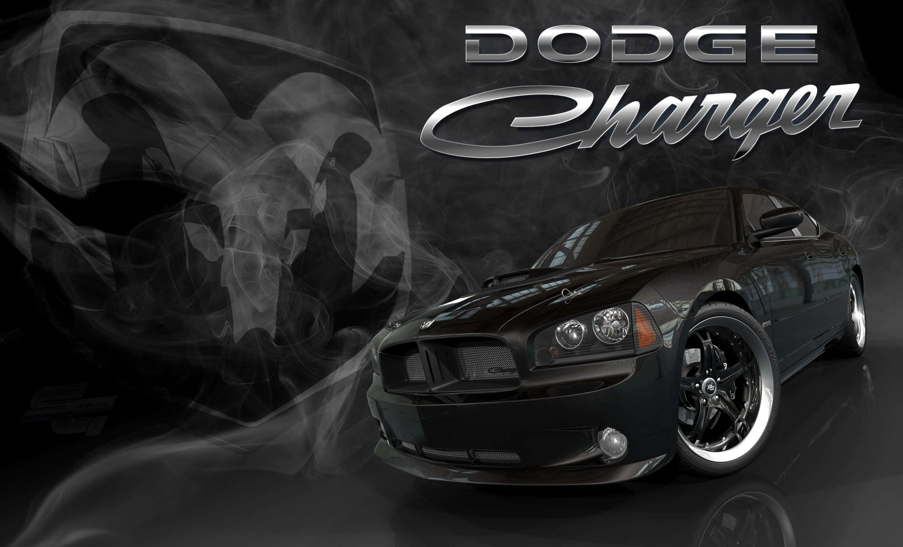 Dodge Charger 桌布 壁紙 — 一輛時尚的黑色道奇Charger，帶有煙霧效果和鍍鉻裝飾，在戲劇性的工作室燈光下閃耀。