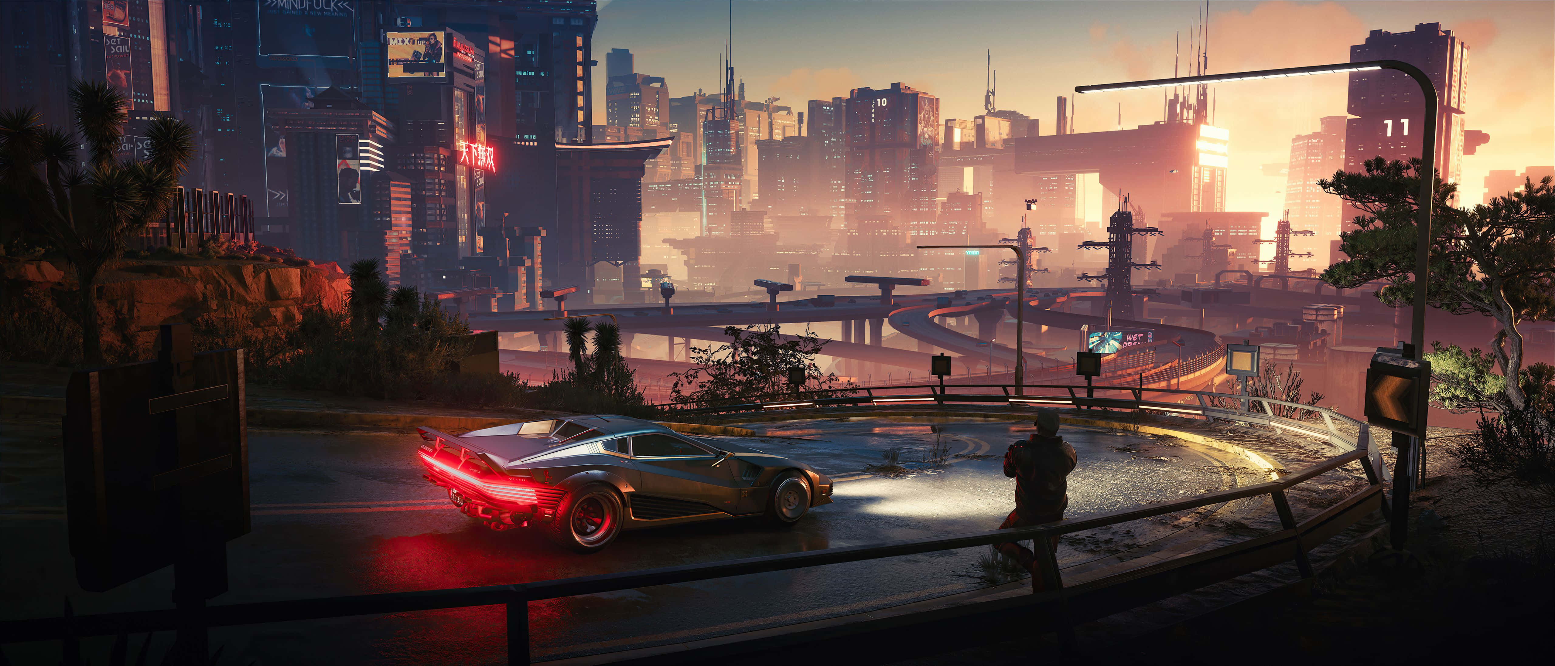 Sci Fi Games 桌布 壁紙 — 一輛時尚跑車在日落時分的濕潤城市高架橋上閃爍著紅色尾燈，周圍環繞著高聳的霓虹燈摩天大樓。