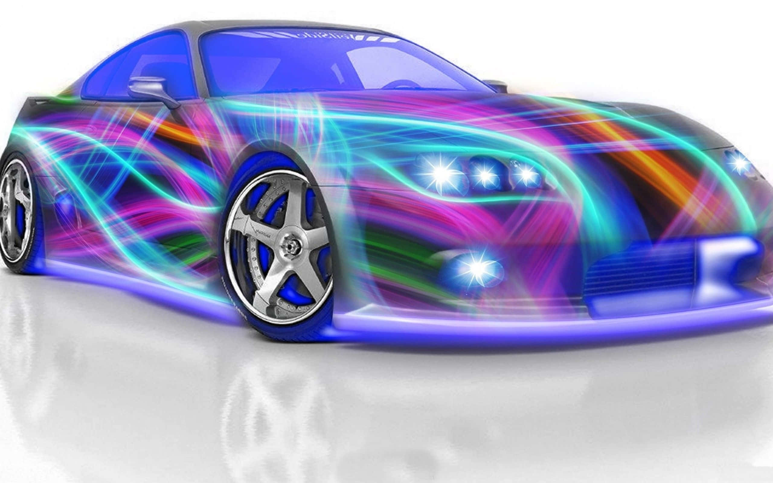 Car Design 桌布 壁紙 — 一輛時尚跑車在潔白的工作室背景前，散發出藍色、粉紅色和綠色的鮮豔霓虹條紋光芒。