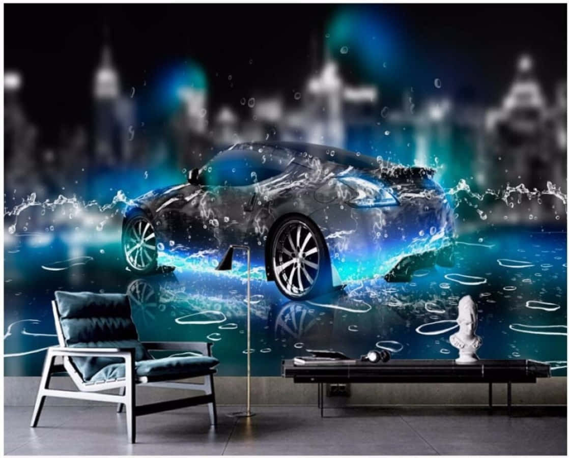 3d Sports 桌布 壁紙 — 一輛時尚跑車從發光的藍色水中浮現，背景是模糊的城市天際線，倒映在現代客廳中。