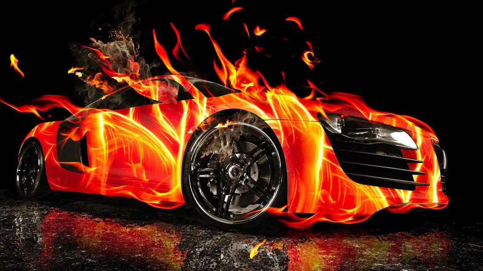 3d Fire 桌布 壁紙 — 一輛時尚跑車被鮮豔的橙色火焰吞噬，背景為黑色，路面濕滑反光。
