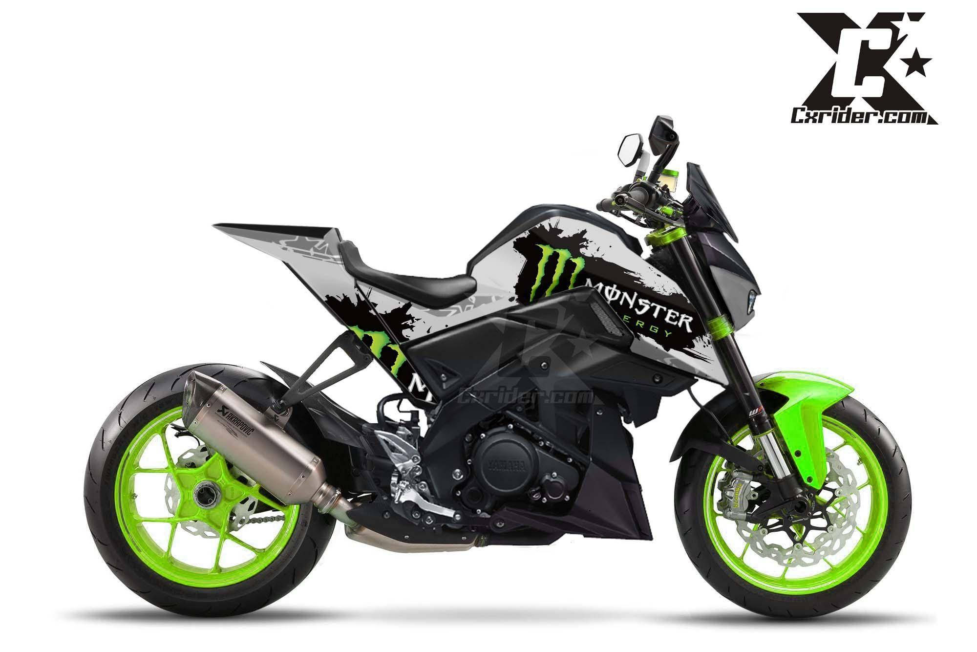 yamaha mt 15 桌布 壁紙 — 一輛時尚黑色與螢光綠的Monster Energy電單車，具有侵略性造型和定制貼紙，在工作室燈光下展示。