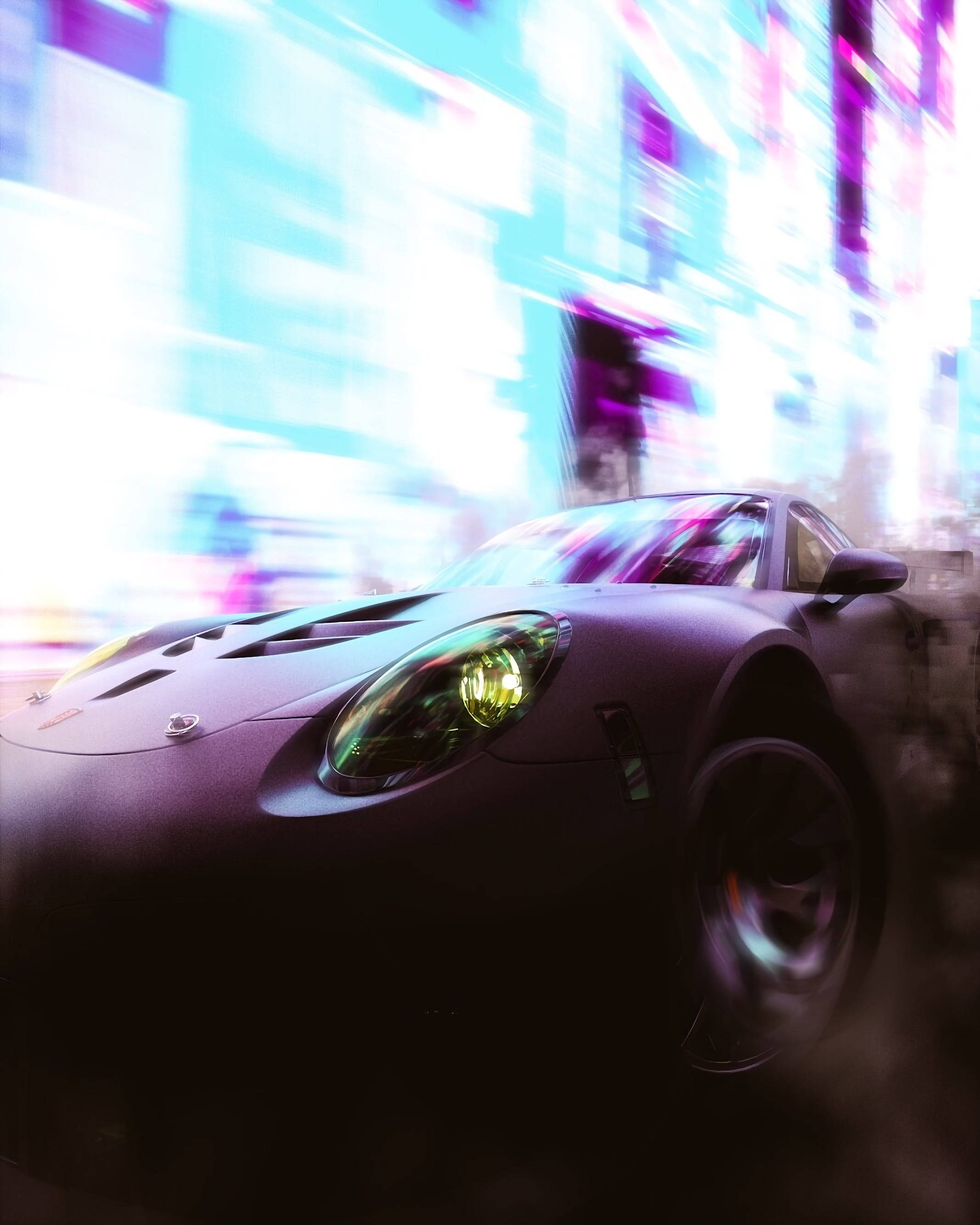 speeding car 桌布 壁紙 — 一輛時尚黑色跑車在霓虹燈閃爍的城市景觀中疾馳，帶有動態模糊和鮮豔的藍紫色燈光。