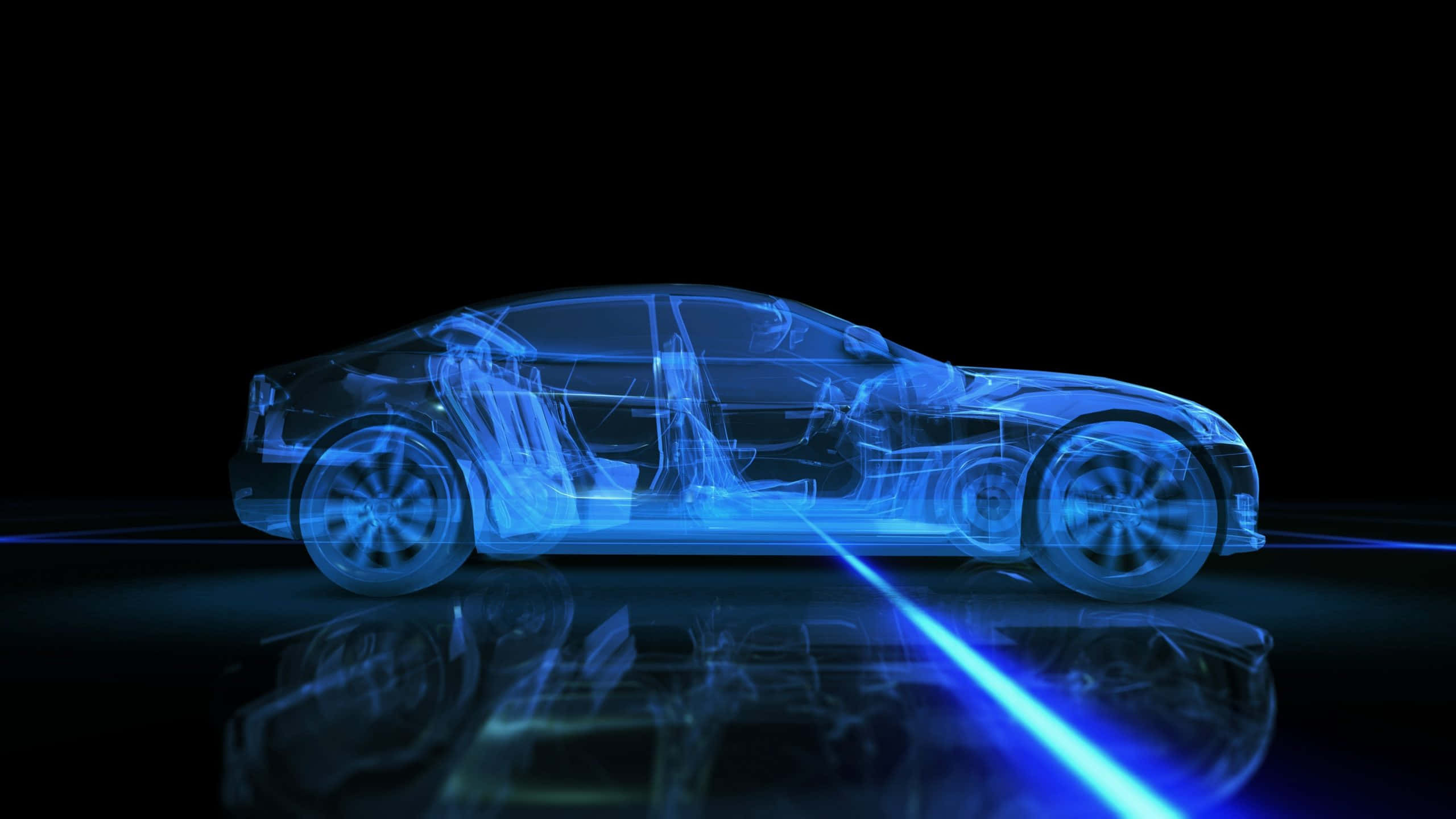 Car Technology 桌布 壁紙 — 一輛未來主義的藍色全息轎車在黑色背景上發光，帶有反射表面和激光束。