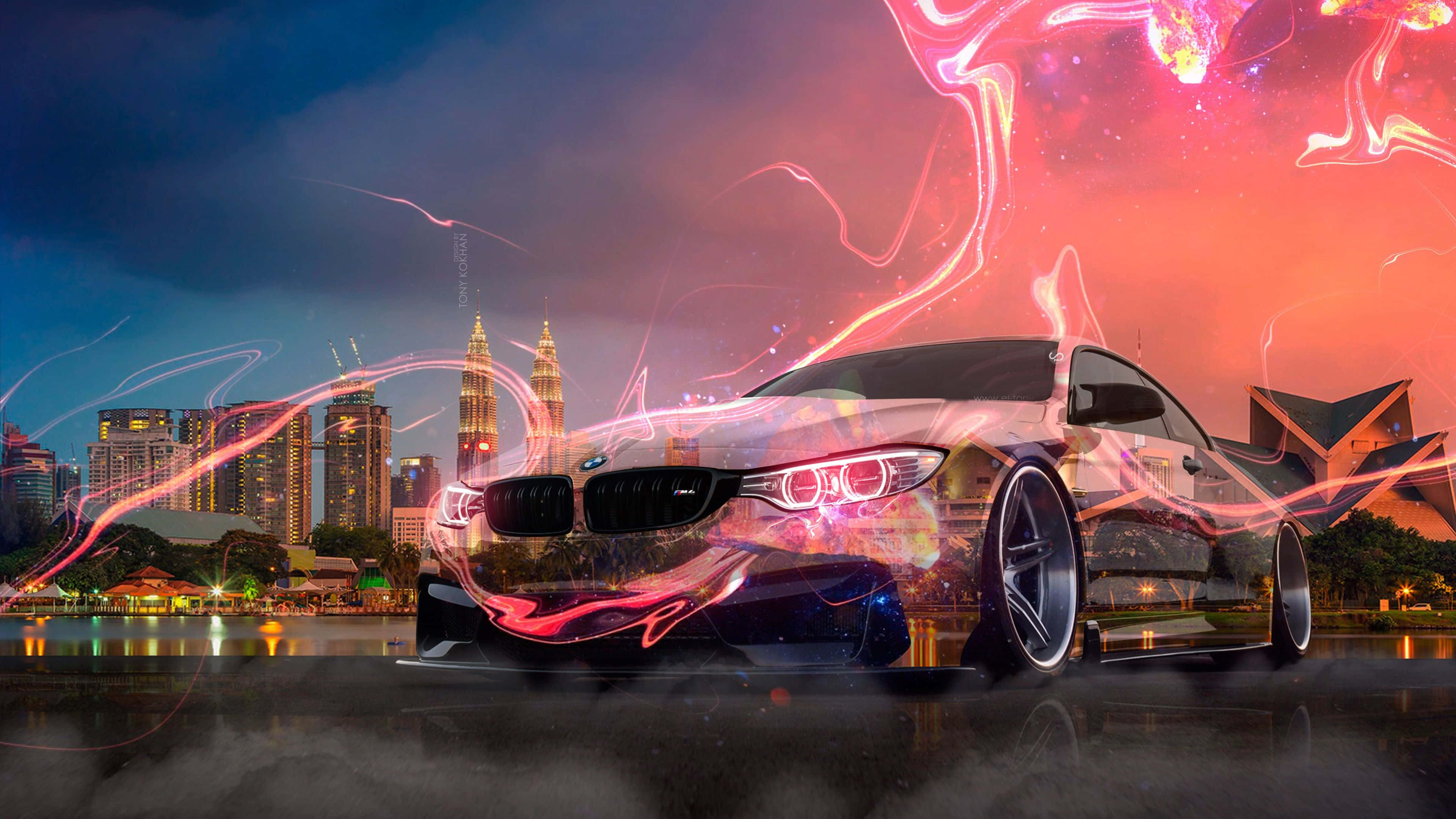 Car Design 桌布 壁紙 — 一輛未來主義的跑車在暮色中，以霓虹能量在充滿活力的城市天際線前發光。