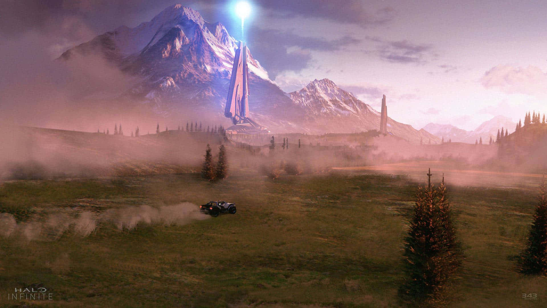 Halo Infinite 桌布 壁紙 — 一輛未來車輛穿過霧氣瀰漫的田野，駛向從雪山上聳立、在暮色天空下發光的巨石。