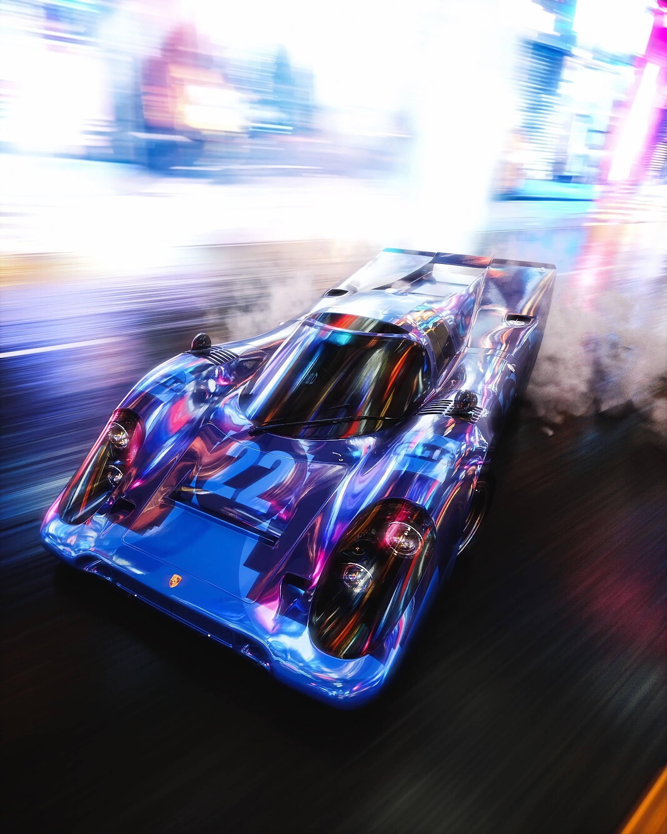 Sports Car 桌布 壁紙 — 一輛未來風格的藍色賽車（編號22）在霓虹燈閃爍的城市街道上疾馳，產生動態模糊和煙霧痕跡。