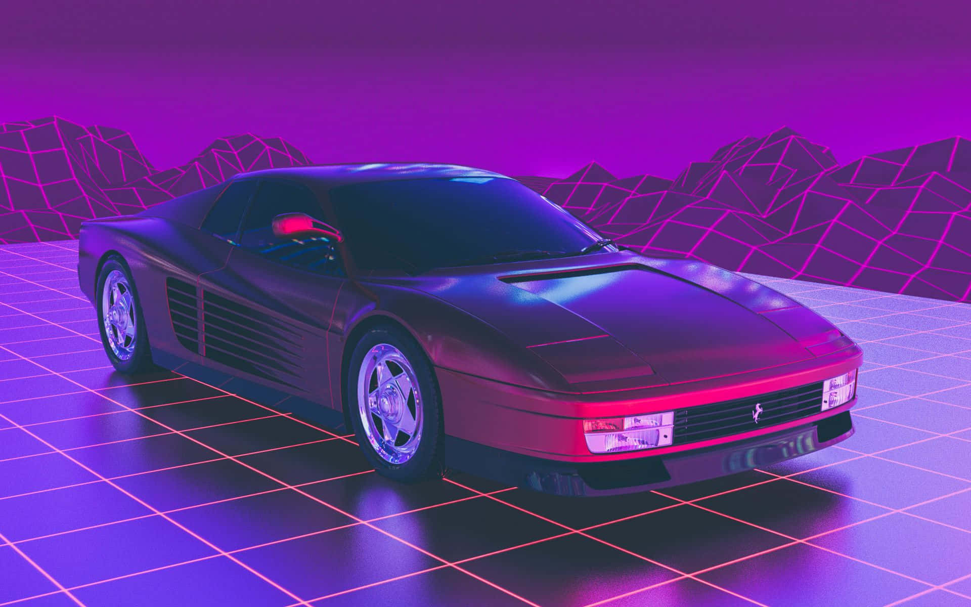 Ferrari Testarossa 桌布 壁紙 — 一輛流線型法拉利跑車在網格地板和幾何山脈背景下，散發著霓虹紫光。