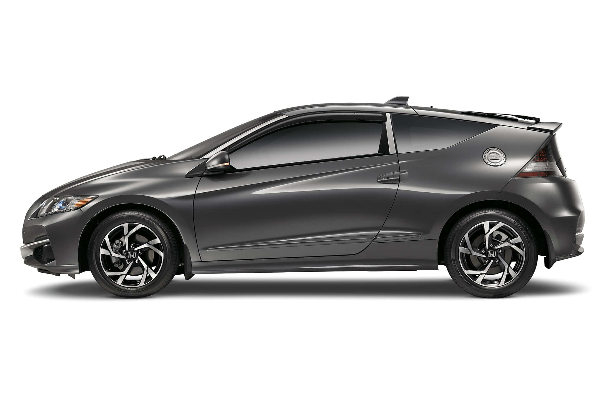 Honda Cr-z 桌布 壁紙 — 一輛流線型磨砂灰色本田思域掀背車，在乾淨的白色背景上以側面輪廓展示。