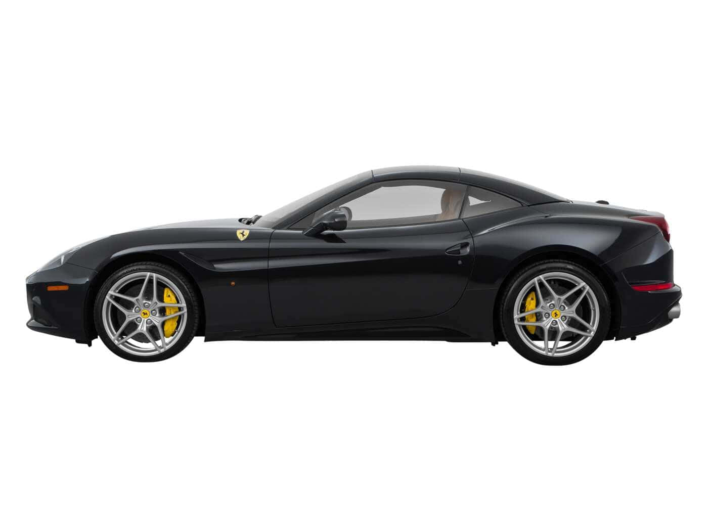 Ferrari California T 桌布 壁紙 — 一輛流線型黑色法拉利跑車，配備黃色制動卡鉗和銀色輪圈，在白色背景上以側面展示。