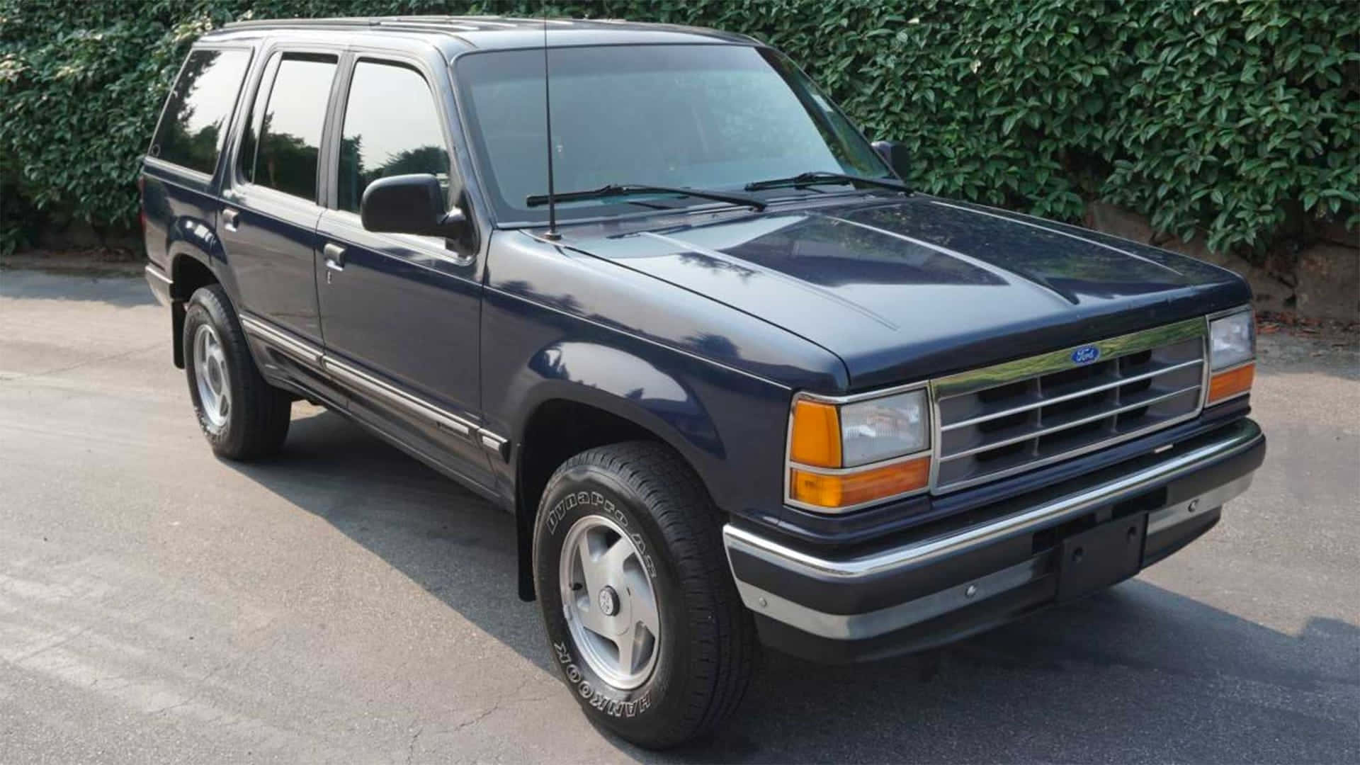 Ford Explorer 桌布 壁紙 — 一輛深藍色福特Explorer SUV停在瀝青路上，背景有綠色樹葉，在明亮的日光下。