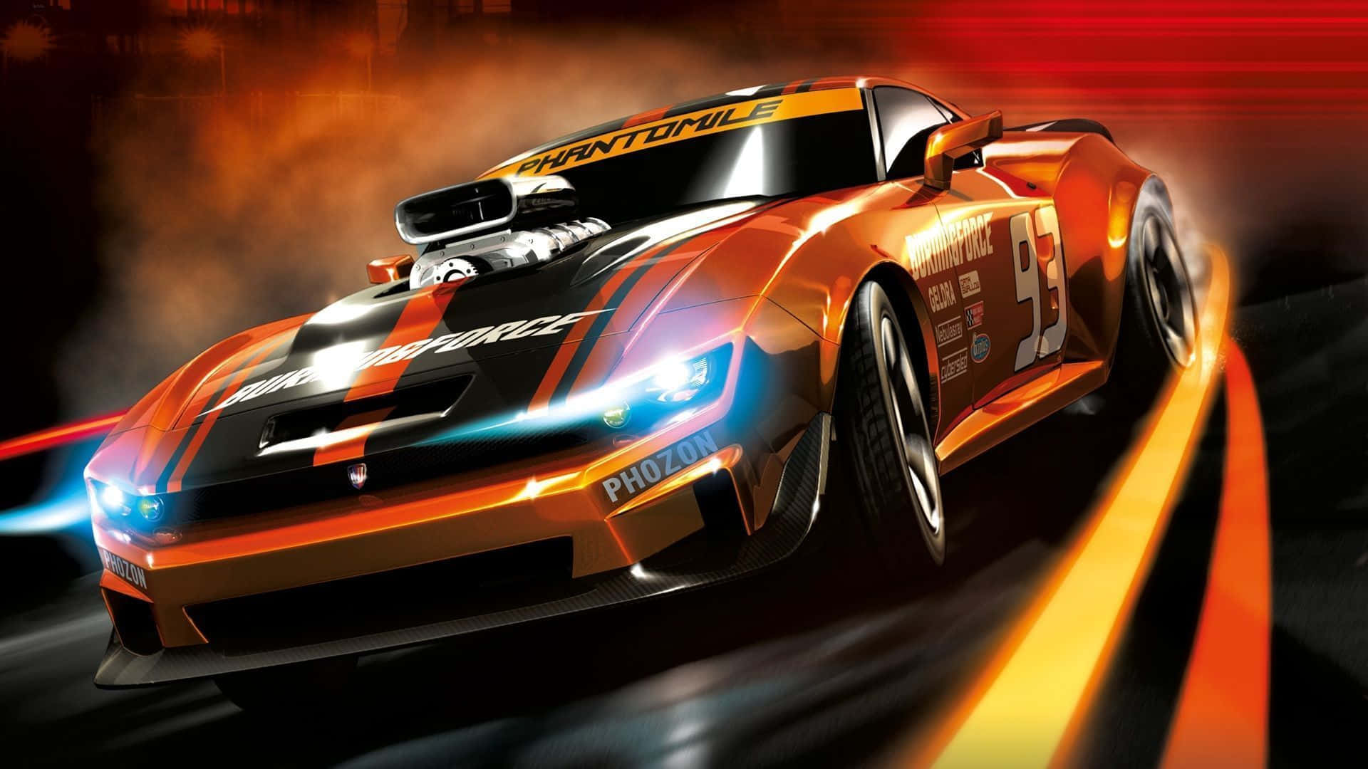 Best Car 桌布 壁紙 — 一輛火橙色的賽車，車頭燈閃爍，在煙霧瀰漫的隧道中高速飛馳，留下動態模糊的痕跡。