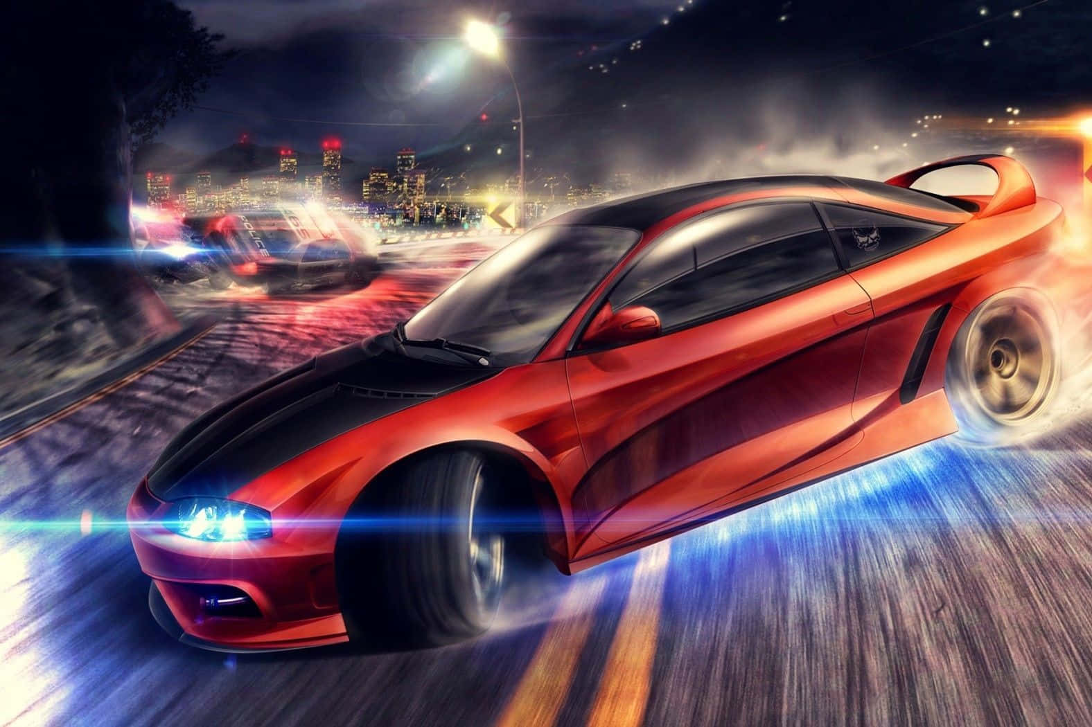 Hyundai Tiburon 桌布 壁紙 — 一輛火紅色的跑車在夜晚的霓虹燈城市街道上疾馳，帶有動態模糊和發光的車頭燈。