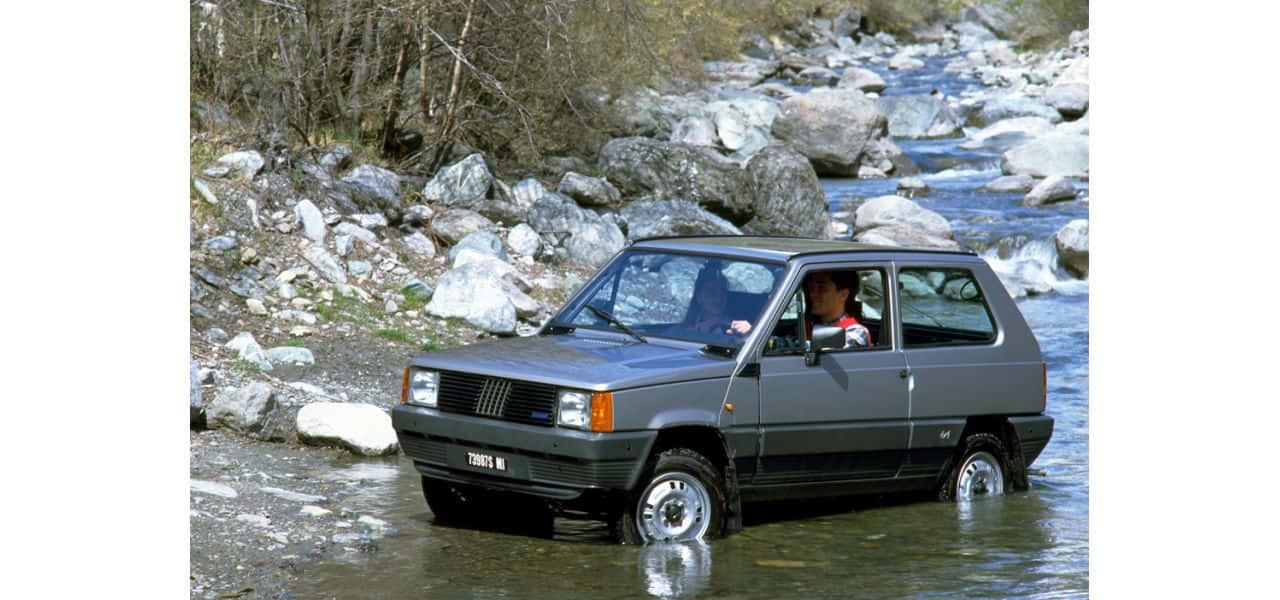 Fiat Panda 桌布 壁紙 — 一輛灰色菲亞特熊貓車駛過淺石河，車內司機清晰可見。