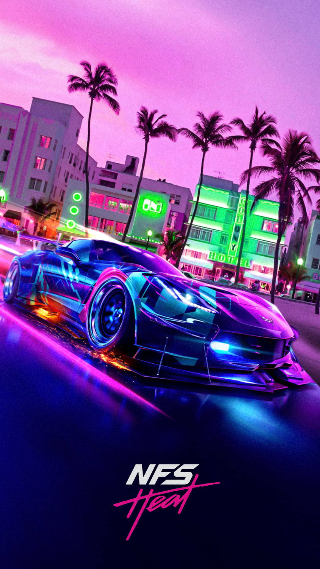 keren 桌布 壁紙 — 一輛發光的未來主義跑車在黃昏時分疾馳穿過霓虹燈閃爍的邁阿密街道，兩旁有棕櫚樹和發光的建築物。