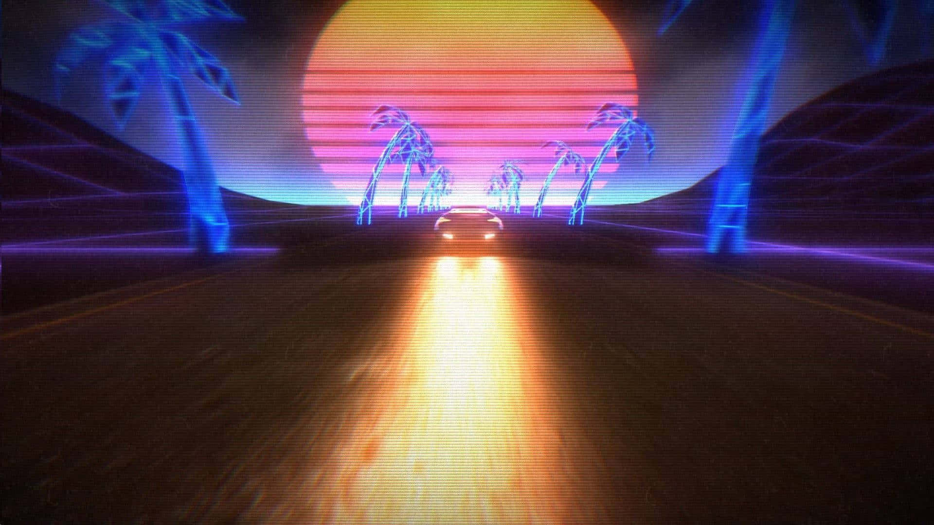 80s Retro 桌布 壁紙 — 一輛發光的汽車在巨大的日落、霓虹棕櫚樹和數位網格線下沿著沙漠高速公路飛馳。