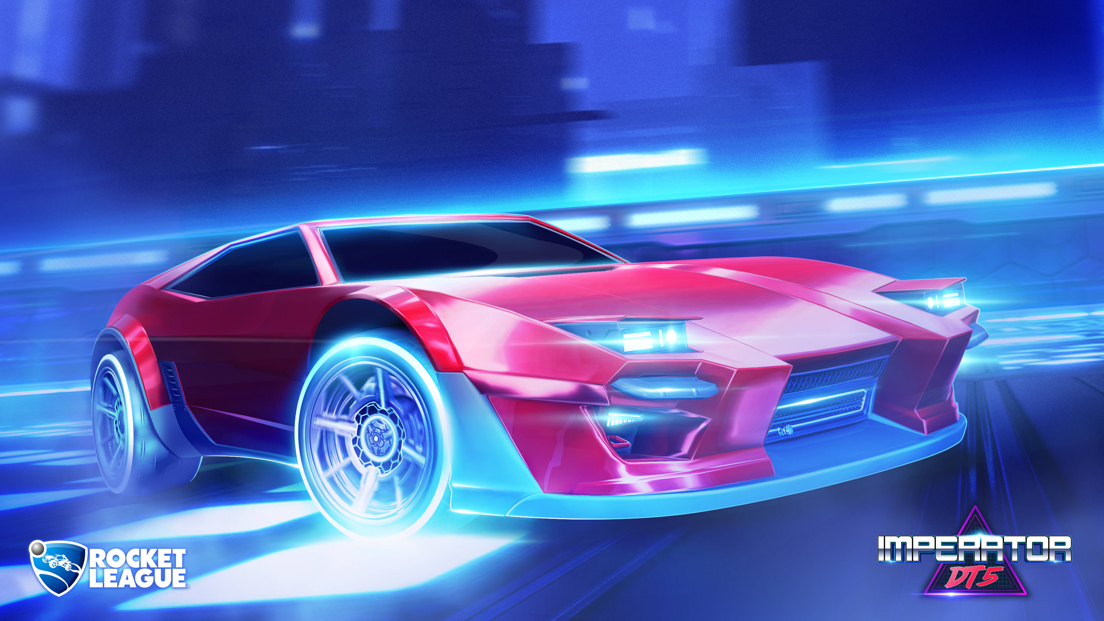 4K Rocket League Imperator DT5 壁紙 — 一輛發光的紅色未來主義跑車，帶著動態模糊和電光藍色亮點，在霓虹燈照亮都市夜晚中疾馳。