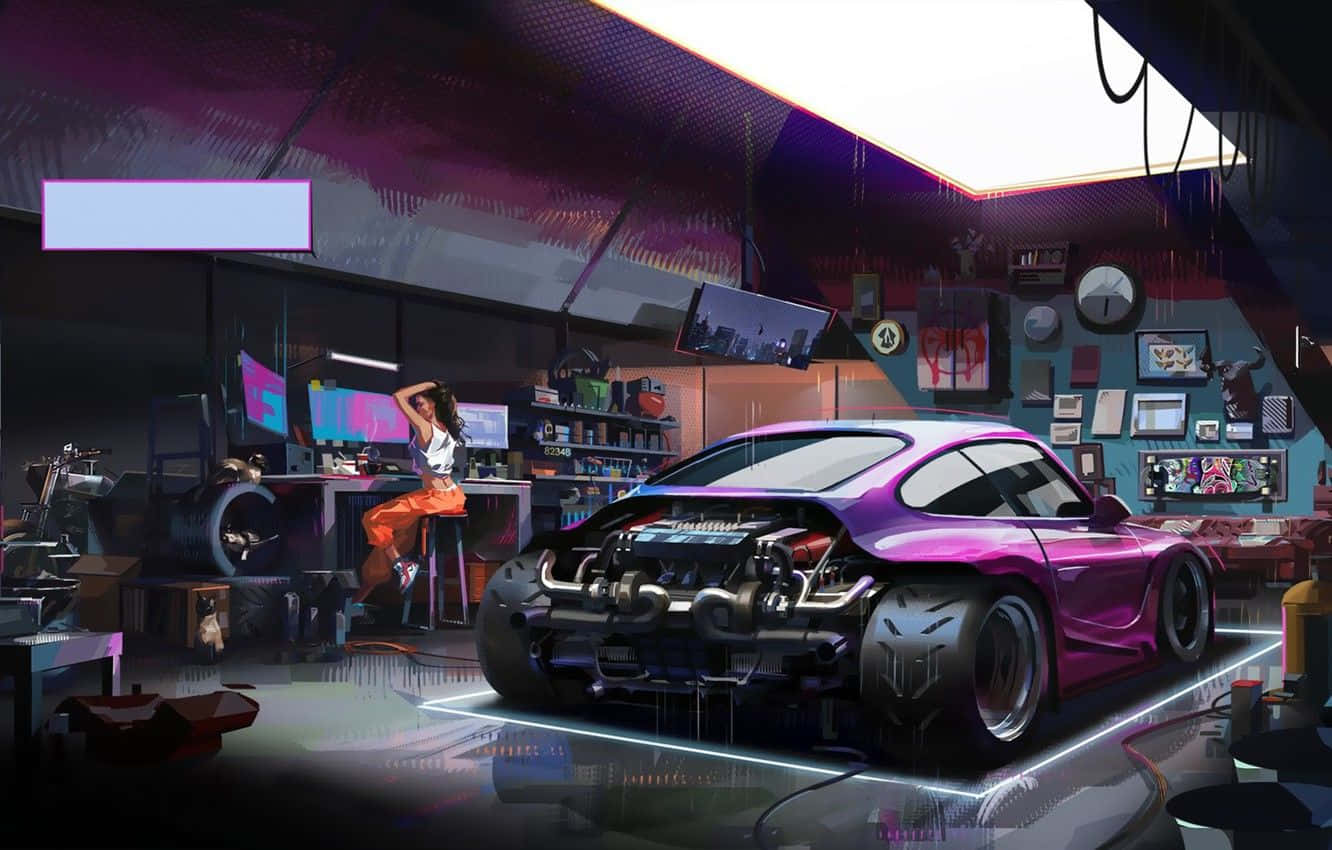 Garage 桌布 壁紙 — 一輛發光的紫色跑車，引擎外露，停在霓虹燈車庫的升降台上，一名女子正在辦公桌前工作。